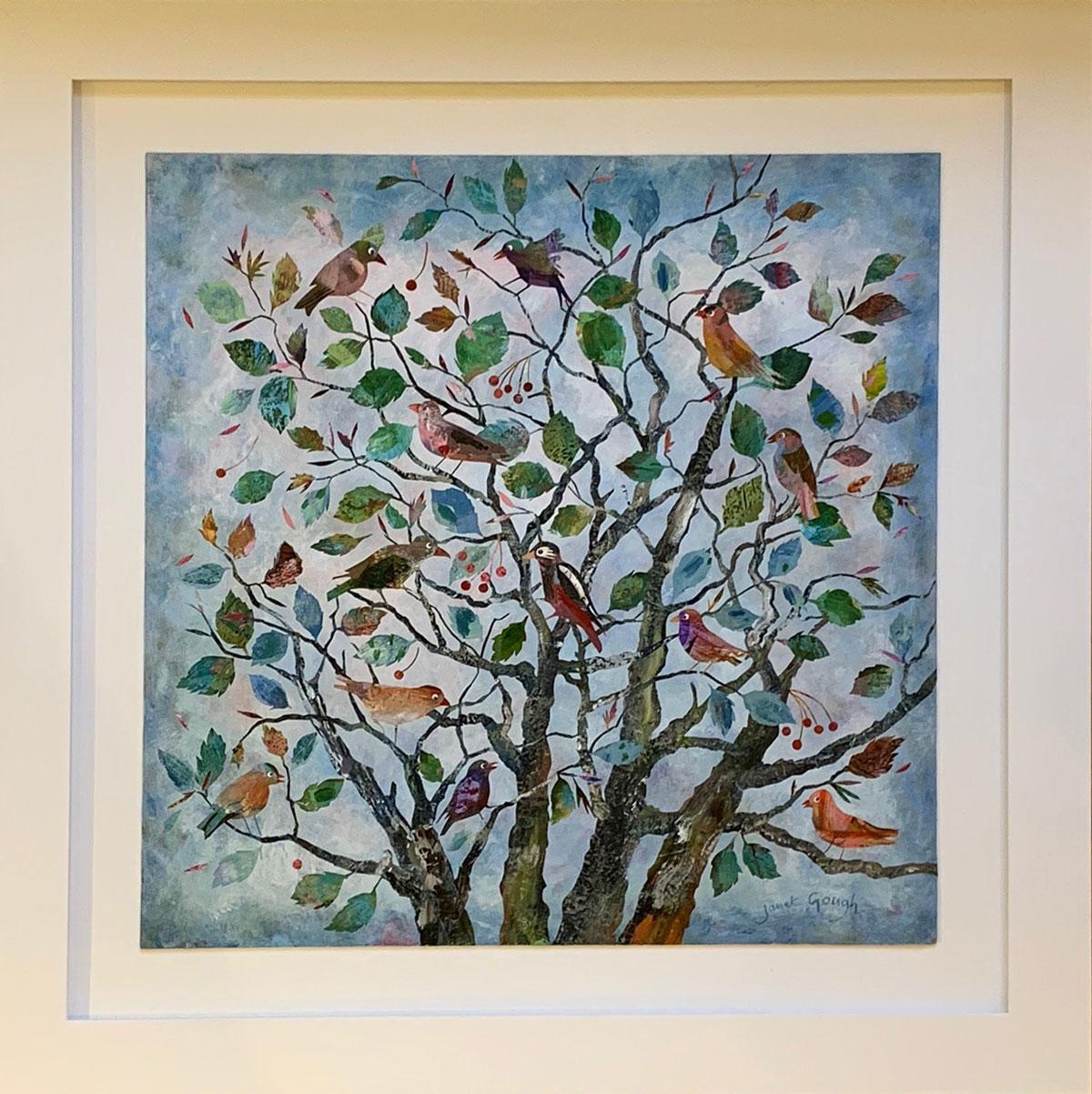 Family Tree - contemporary colorful mixed media floral bird painting on board - Painting by Janet Gough