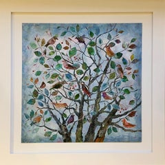 Family Tree - contemporary colorful mixed media floral bird painting on board