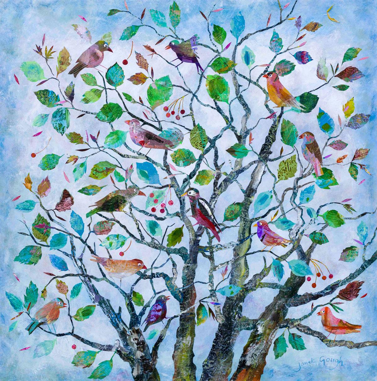Janet Gough Animal Painting - Family Tree - contemporary colorful mixed media floral bird painting on board