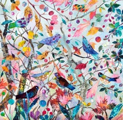 Pink Fell From the Sky -contemporary mixed media pink and blue bird painting