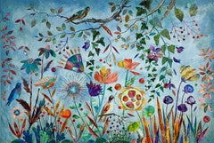 Summer's Kiss - contemporary colourful floral and bird painting