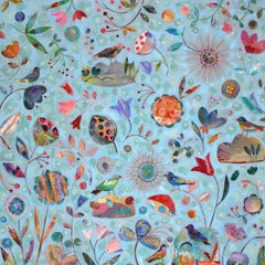 choses soufflées au vent - peinture contemporaine colorée à fleurs et à oiseaux