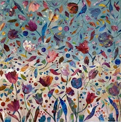 Confettis de tulipes - peinture figurative contemporaine de type floral sur carton