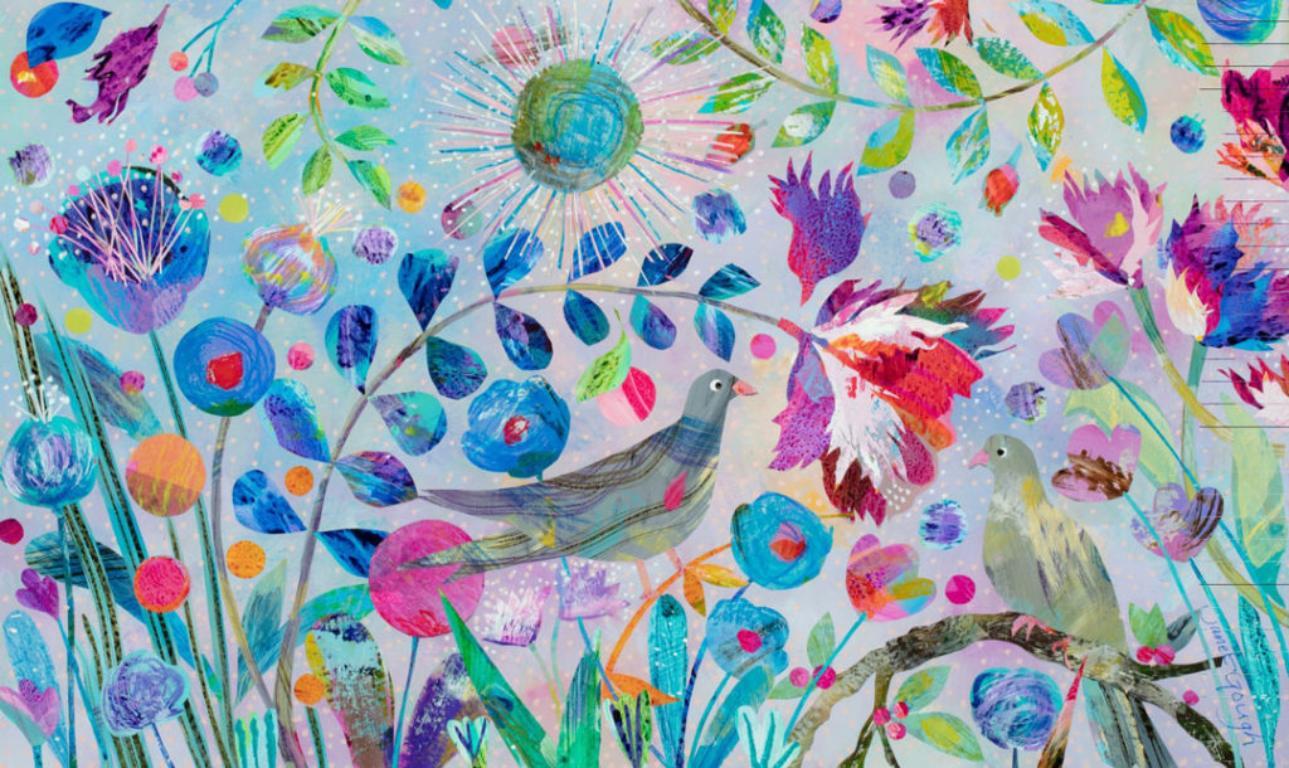 Janet Gough Abstract Painting - Turtle Doves - contemporary colourful floral and bird painting