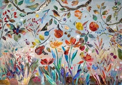 Where Butterflies Hide - contemporary colourful floral bird mixed media painting