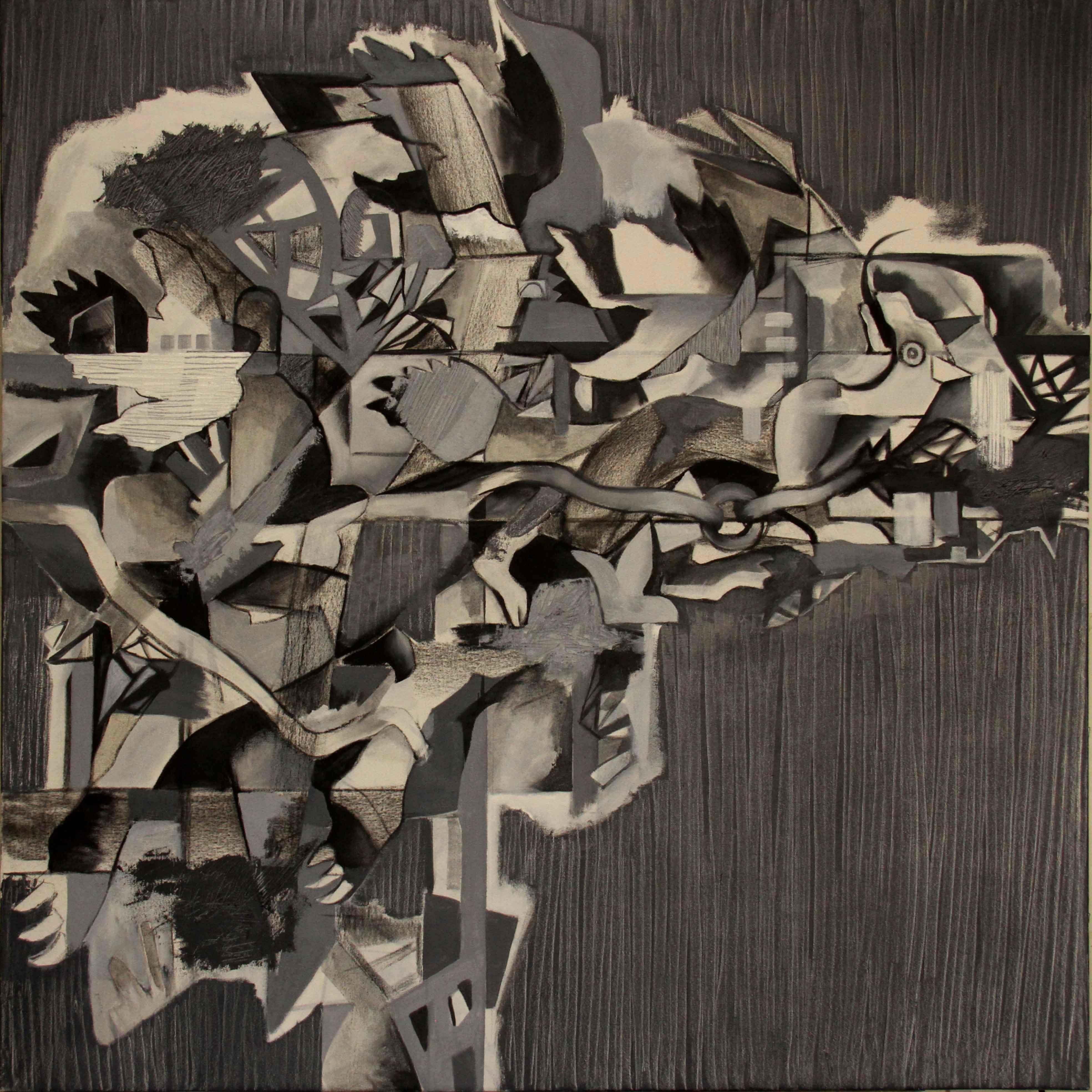 Janet Hagopian Still-Life Painting - Mutation II, Modern Abstract Art Oil Painting Monochrome Black White Gray Grey