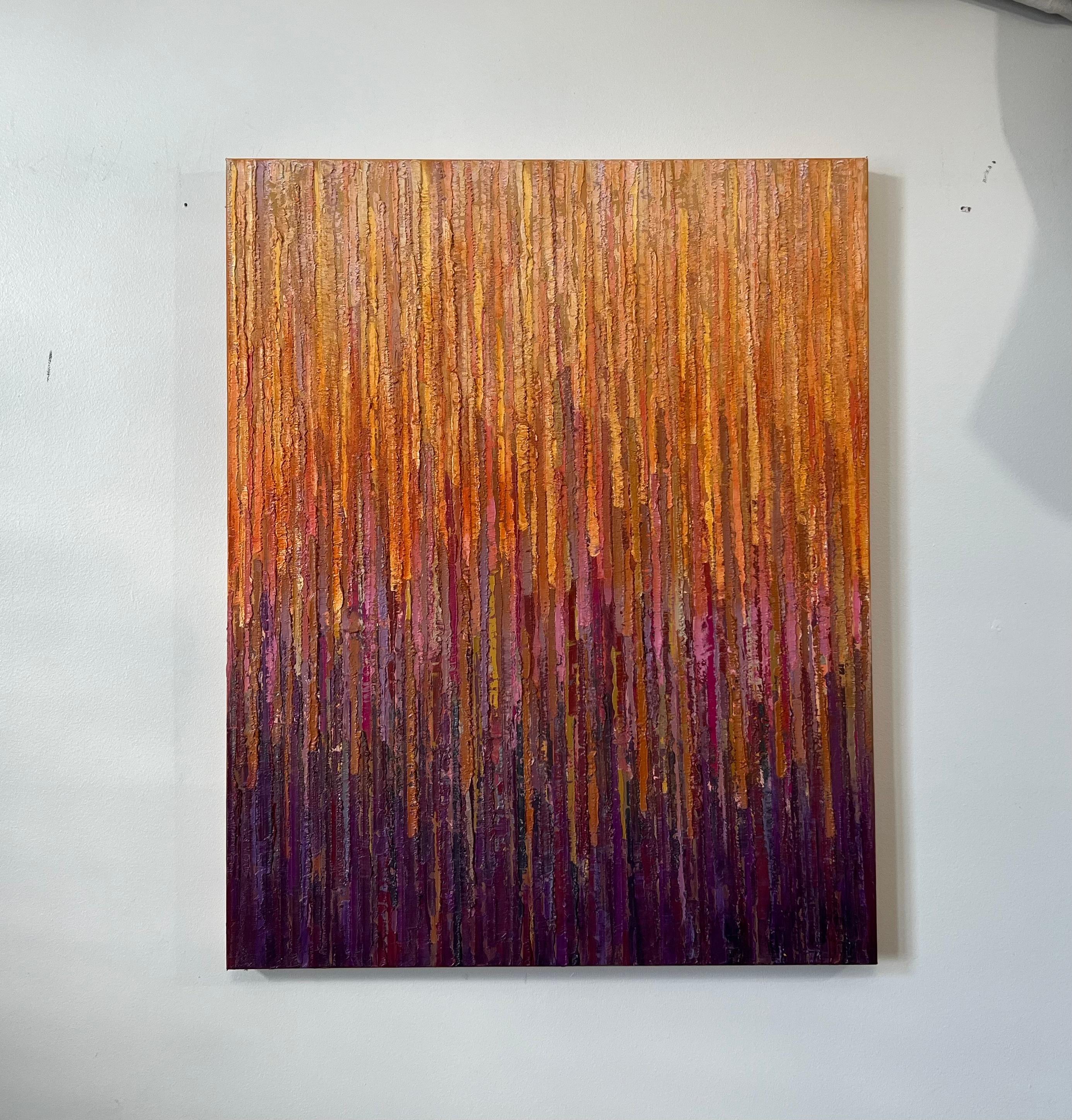 <p>Artist Comments<br />A gradation of burnt orange to purple cascades gently. Artist Janet Hamilton created the piece using a unique technique of applying paint with knives, resulting in a non-traditional geometric interpretation of the scene. The