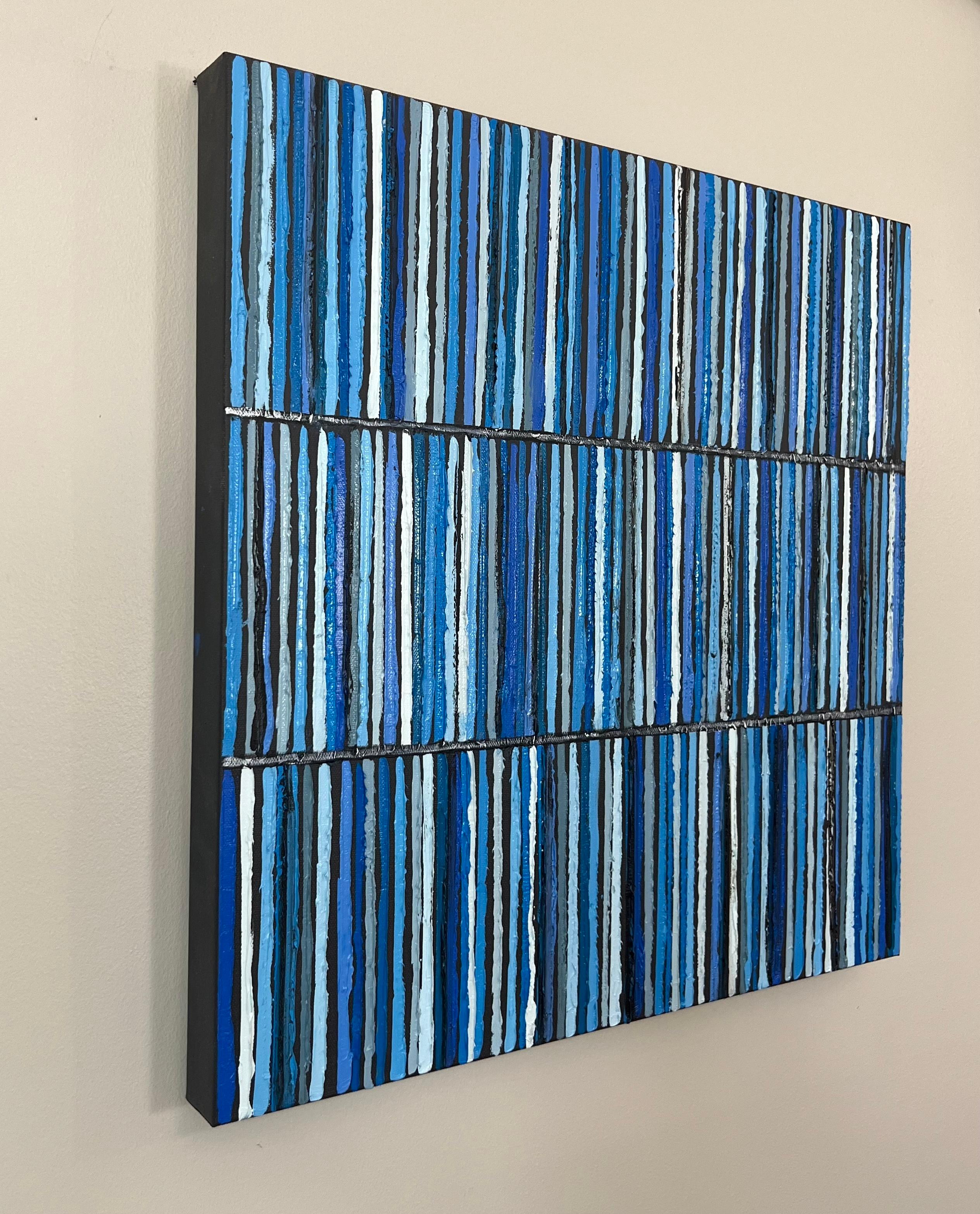 Tripla striscia blu, pittura ad olio astratta - Painting di Janet Hamilton