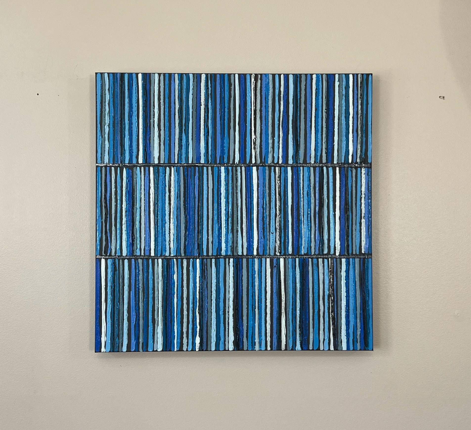 Tripla striscia blu, pittura ad olio astratta - Painting Astratto di Janet Hamilton
