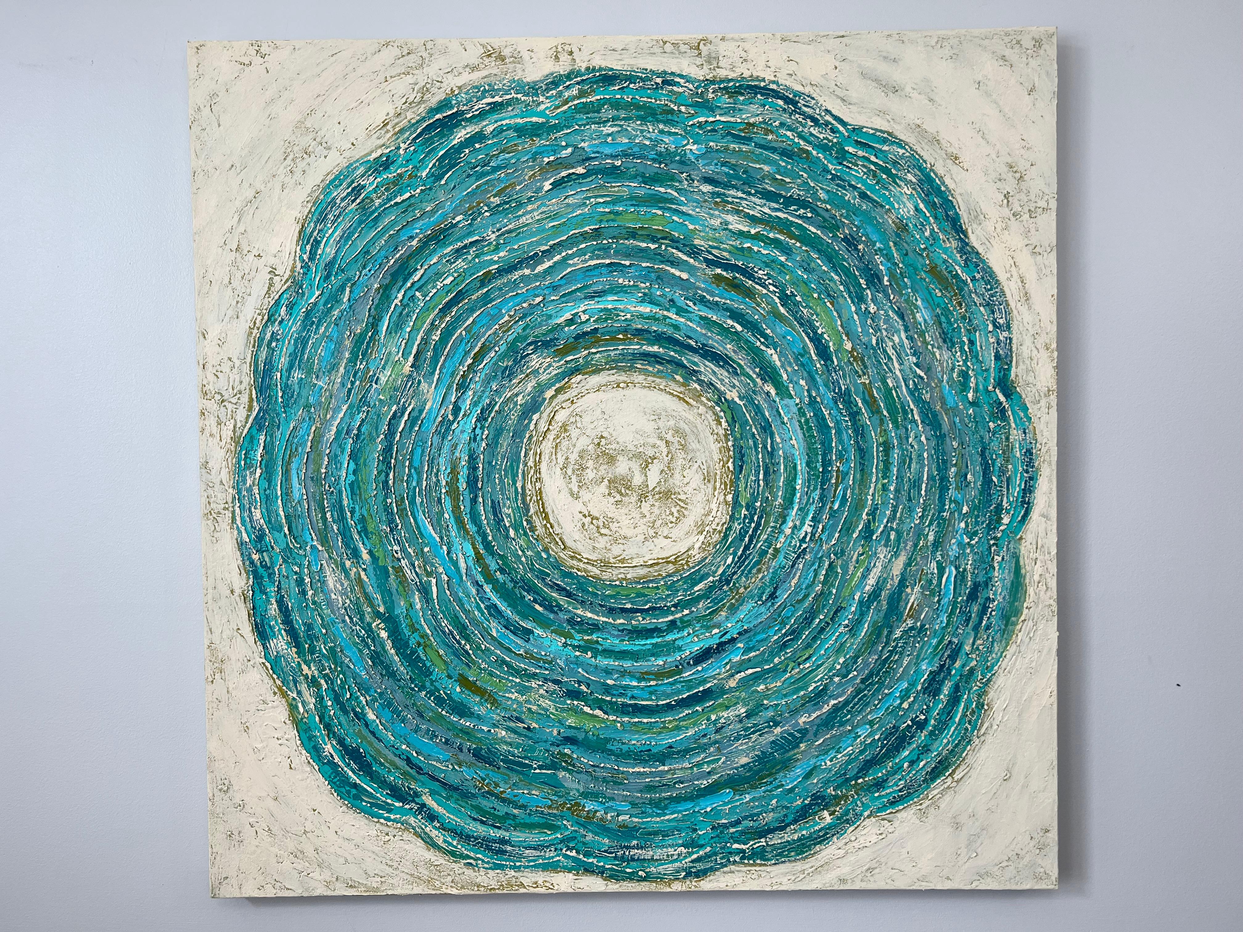 <p>Artist Comments<br>Artist Janet Hamilton creates a contemporary abstract painting using drywall knives. The mesmerizing repetitive circular motion forms an organic shape. Shades of blue, green, and cream highlight the intricate details of this