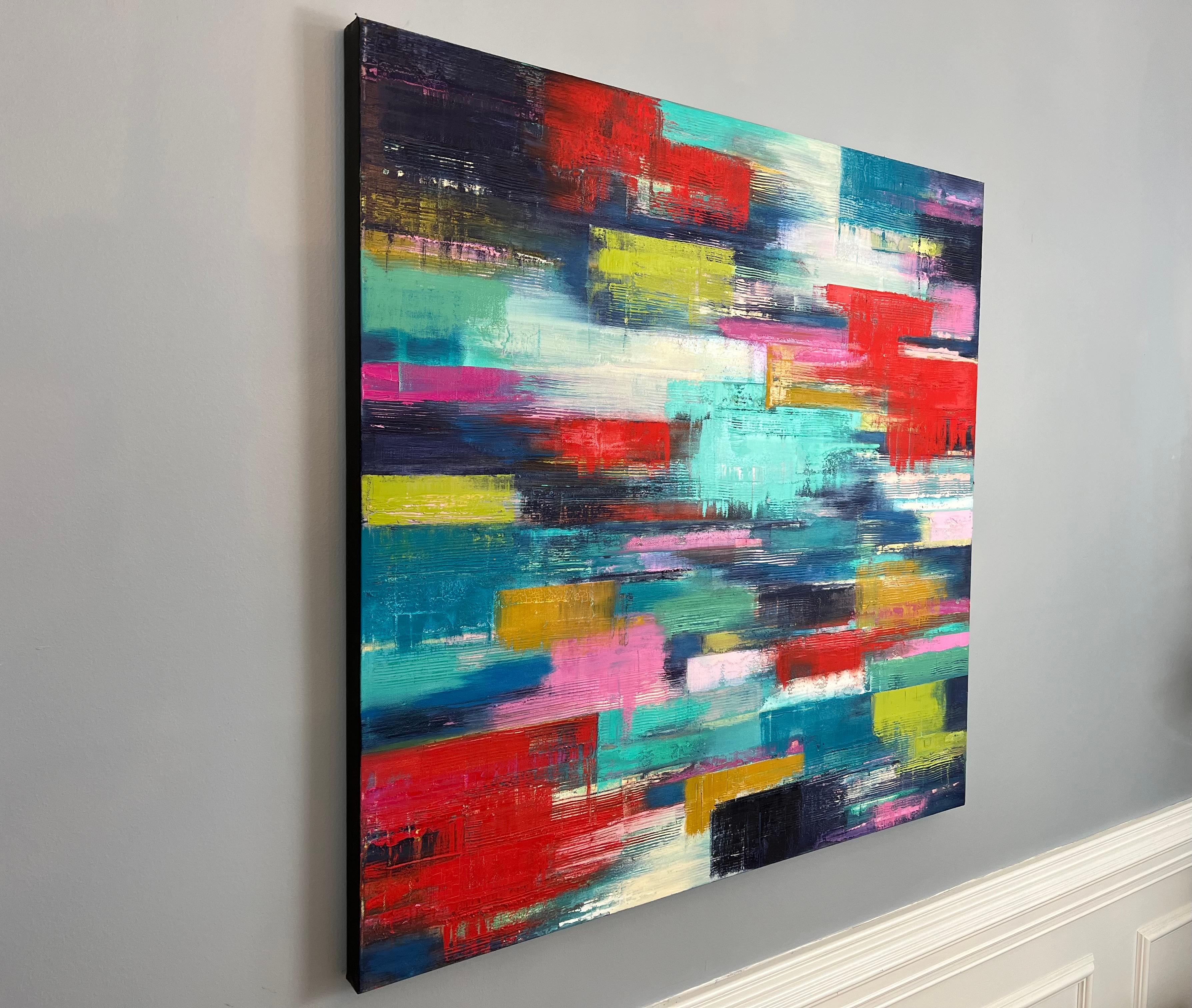 <p>Artist Comments<br>Artist Janet Hamilton displays a vibrant and energetic abstract. Janet balances the composition with lively pops of red and yellow amidst linear applications of blues and teals. 