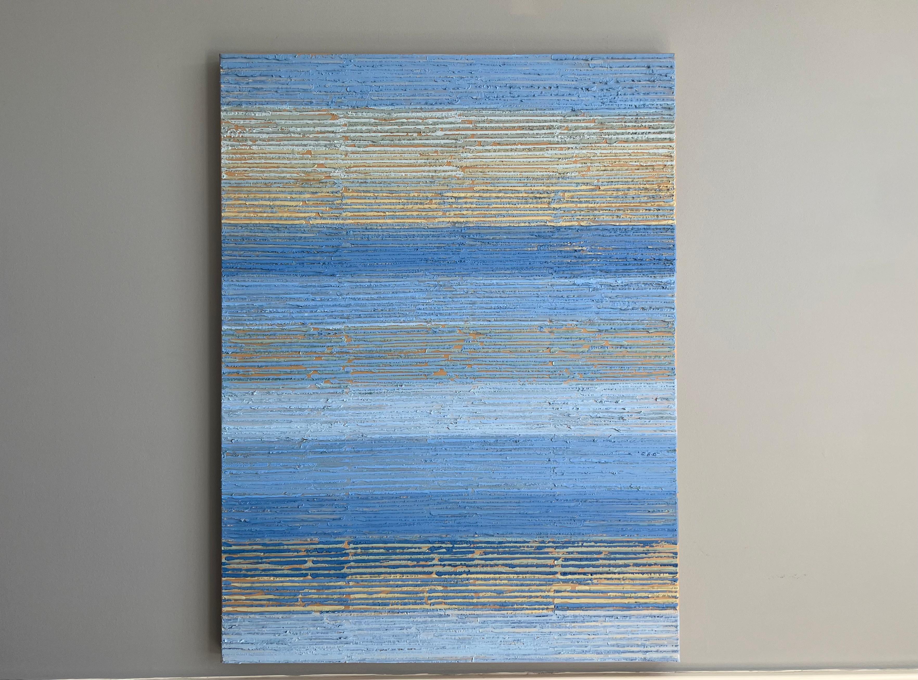 <p>Artist Comments<br>Artist Janet Hamilton depicts an intricately textured abstract painting with rich gradations of color. She paints indigo and beige stripes,  creating bands of soothing hues. Structured frequencies of blue hues delicately flow