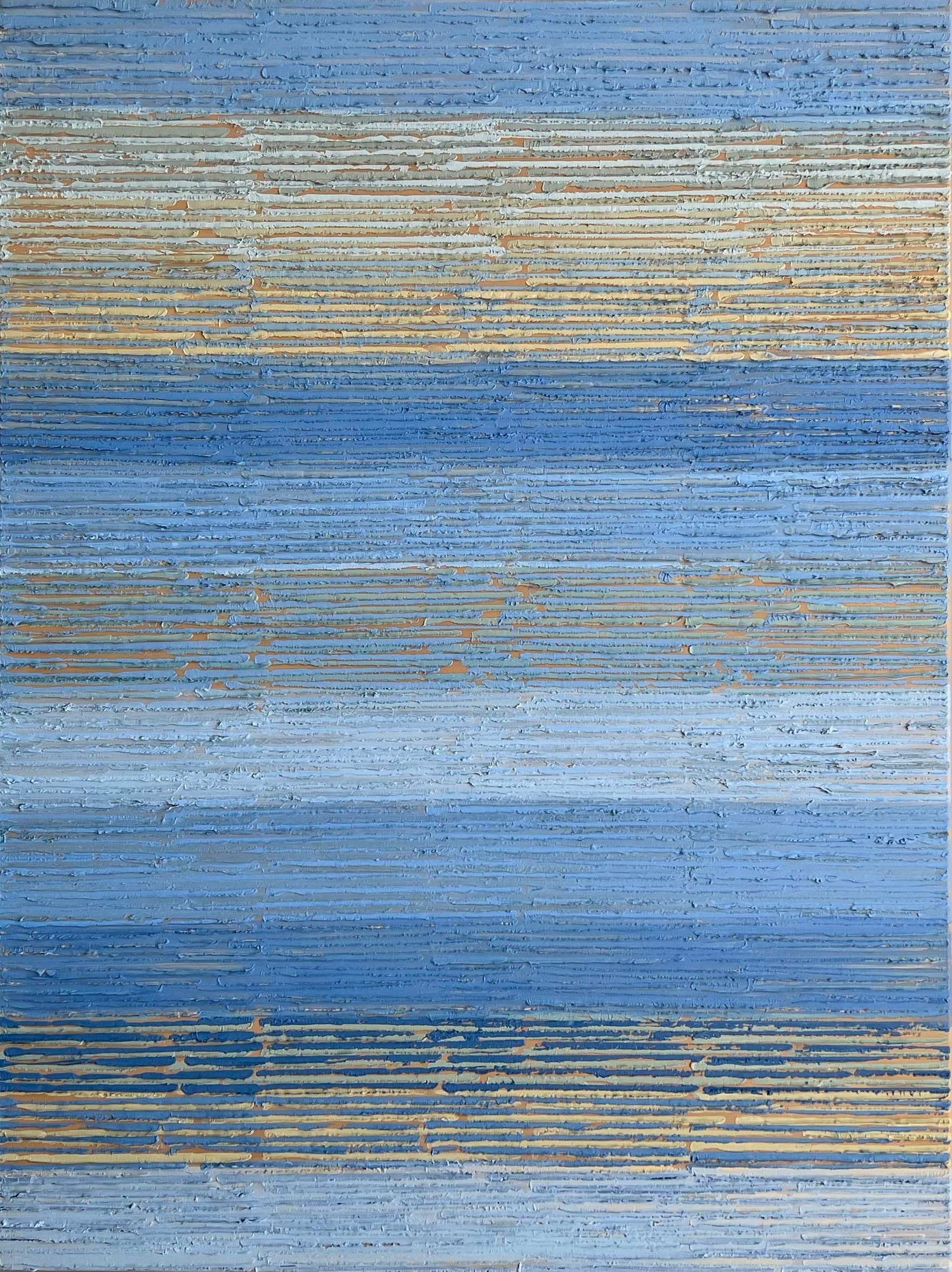 Janet Hamilton Abstract Painting - Indigo/Beige Stripes, Abstract Oil Painting