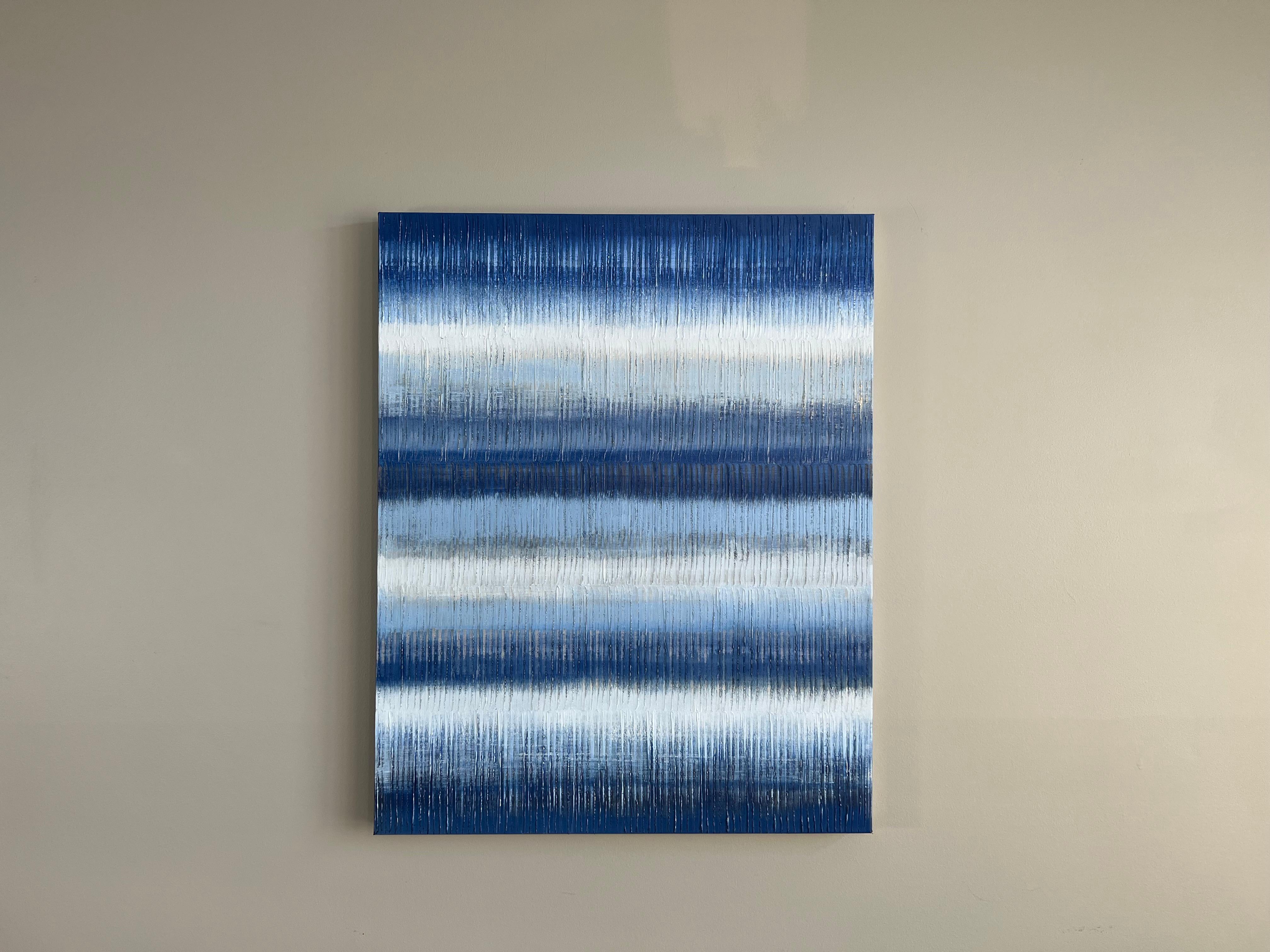 <p>Artist Comments<br>Artist Janet Hamilton depicts an intricately textured abstract painting with rich gradations of color. She paints vivid indigo rays elegantly rising to meet pristine white. Structured frequencies of blue hues delicately flow