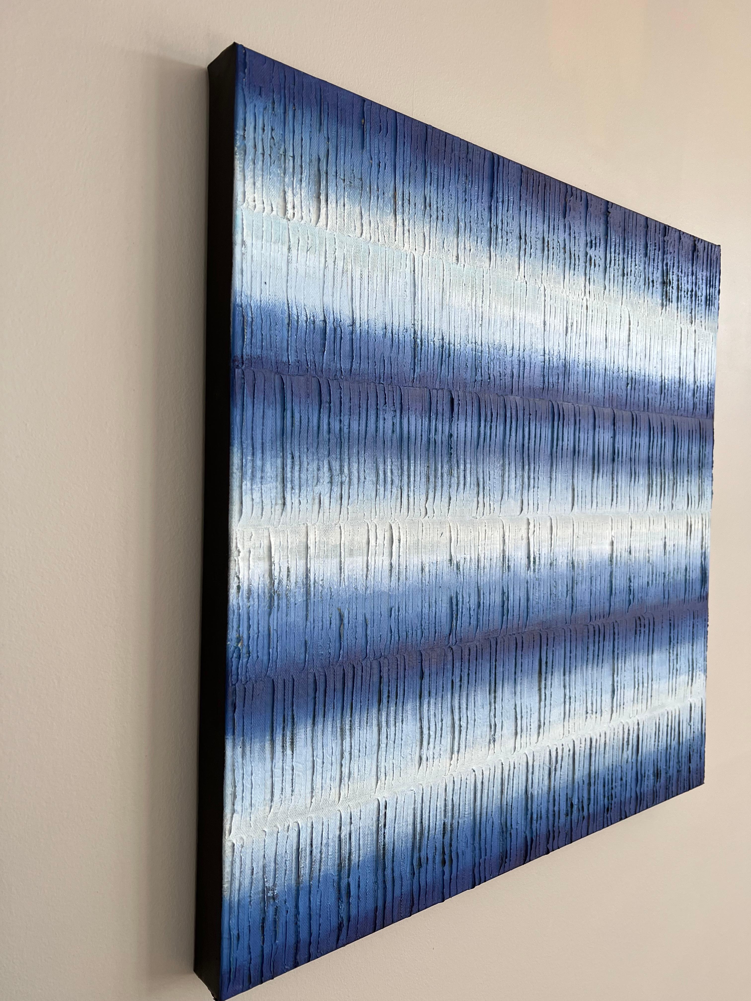 <p>Artist Comments<br>Artist Janet Hamilton depicts an intricately textured abstract painting with rich gradations of color. She paints vivid indigo rays, elegantly meeting pristine white, creating bands of soothing hues. Structured frequencies of