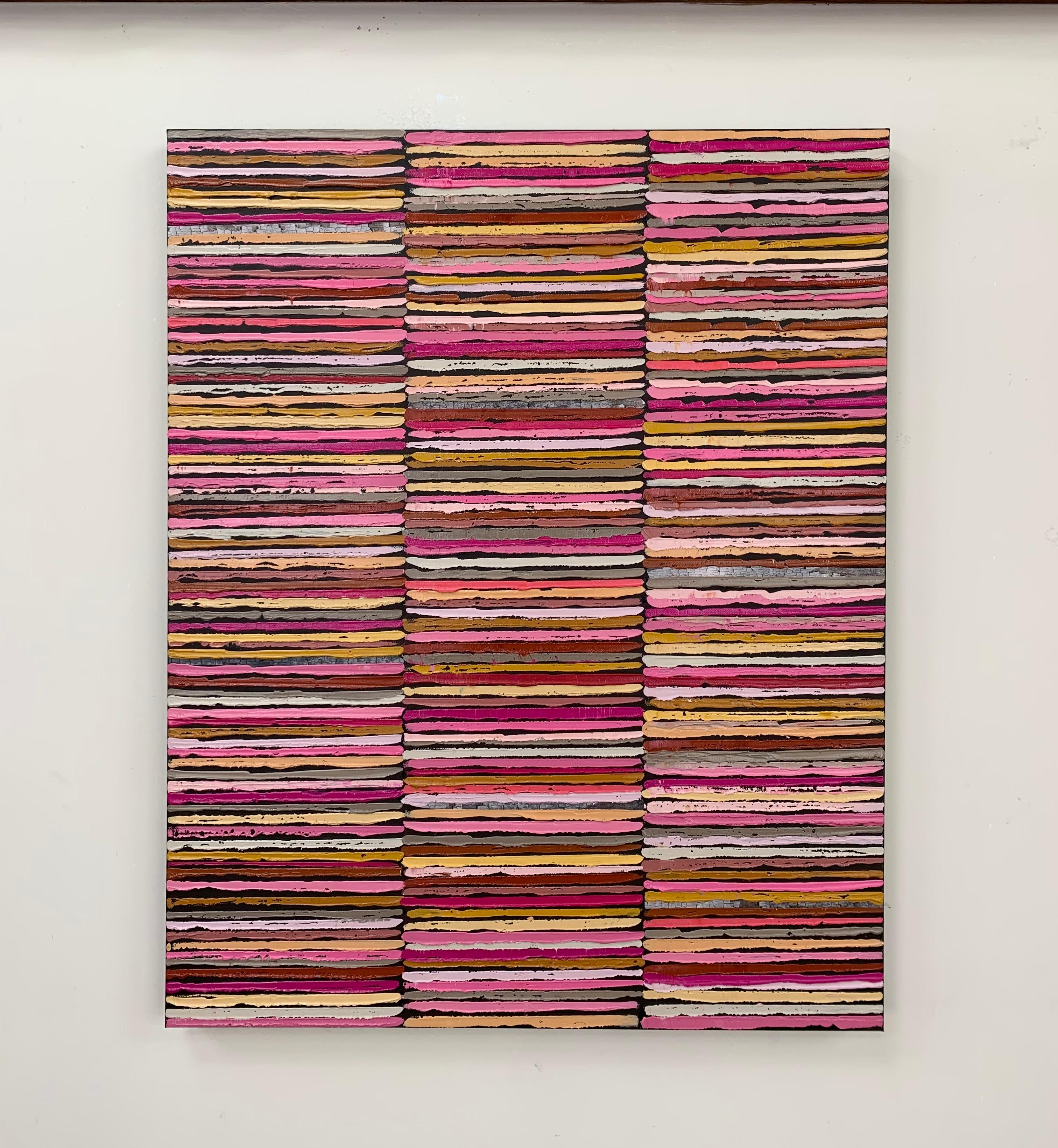 <p>Artist Comments<br />A modernist abstract constructed in three vertical columns of expressive color emerging from a black background. Artist Janet Hamilton used a palette knife to create a tactile surface in alternating bands of rich pinks,