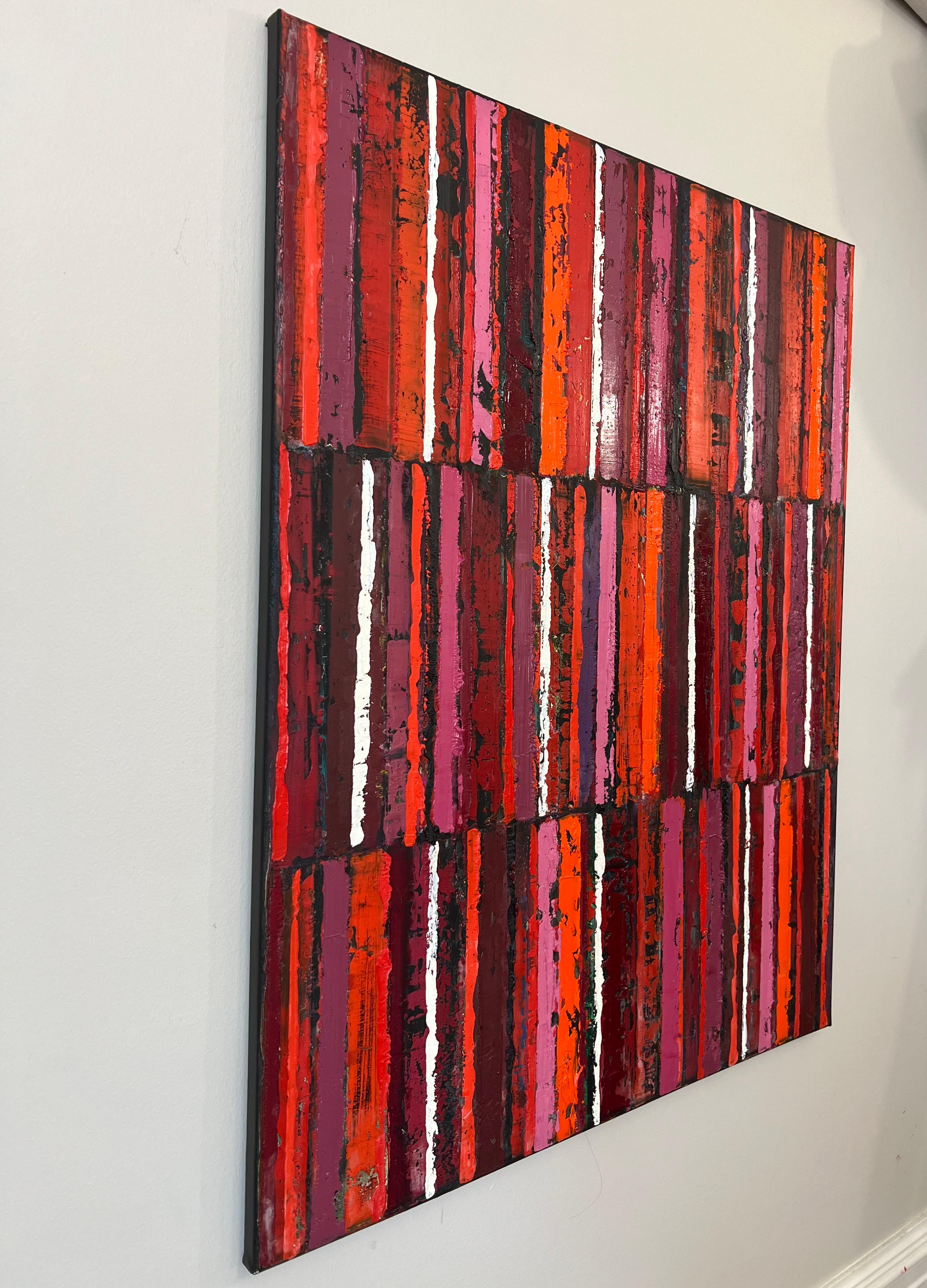 Tripla striscia rossa/nera, pittura ad olio astratta - Painting di Janet Hamilton