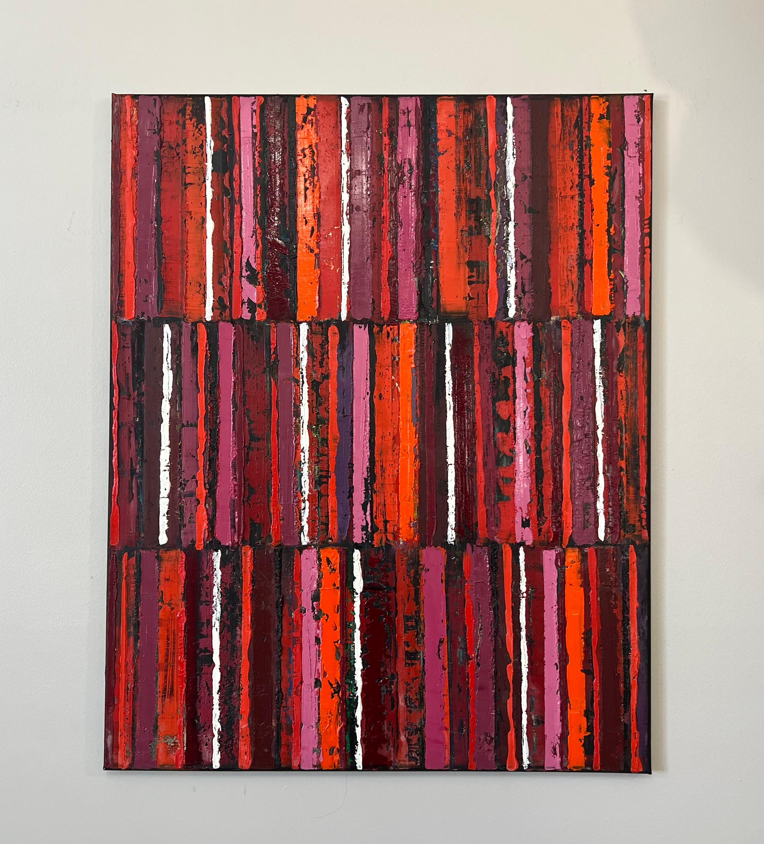 Tripla striscia rossa/nera, pittura ad olio astratta - Painting Astratto di Janet Hamilton