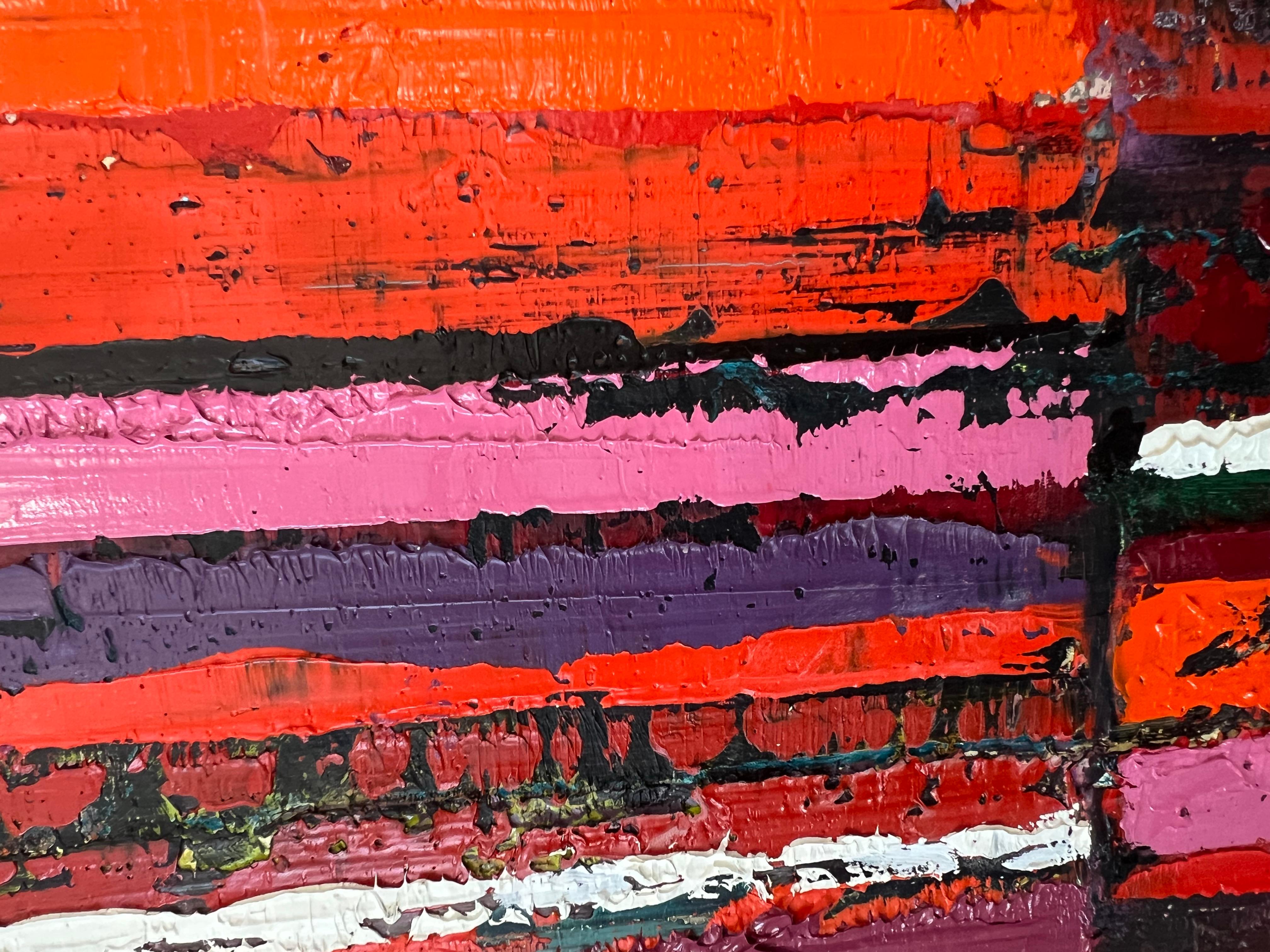 Tripla striscia rossa/nera, pittura ad olio astratta - Abstract Painting Marrone di Janet Hamilton