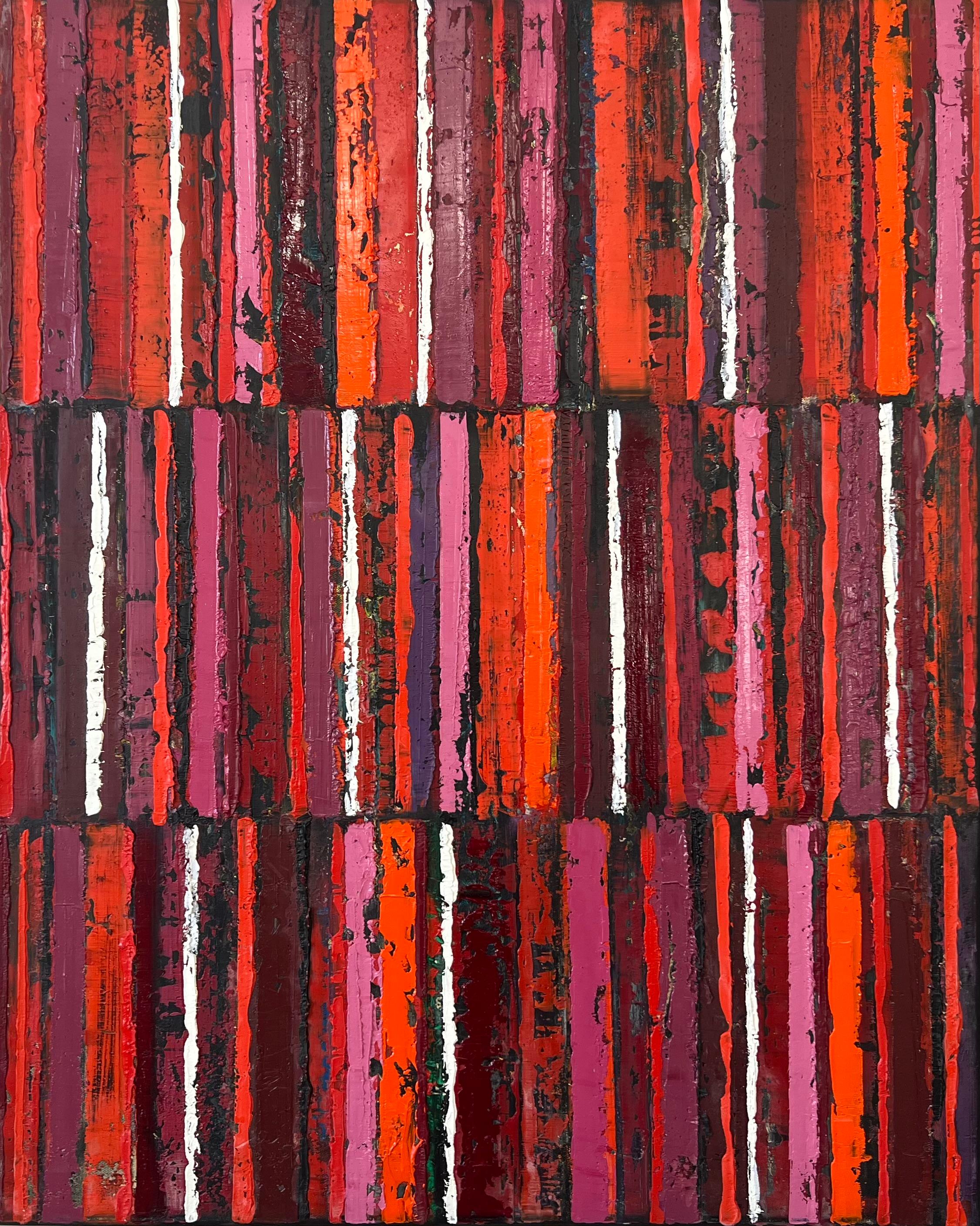 Abstract Painting di Janet Hamilton - Tripla striscia rossa/nera, pittura ad olio astratta