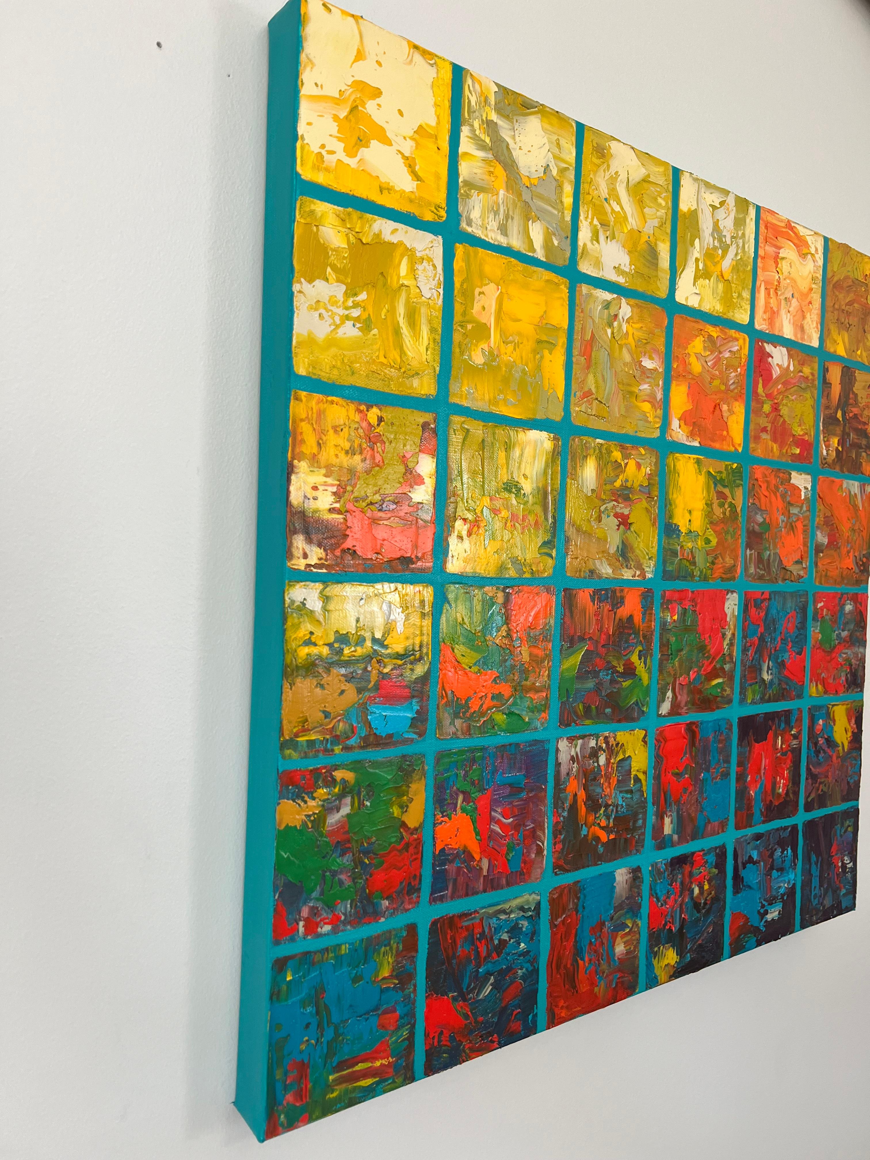 Quadrati al tramonto, pittura ad olio astratta - Painting di Janet Hamilton