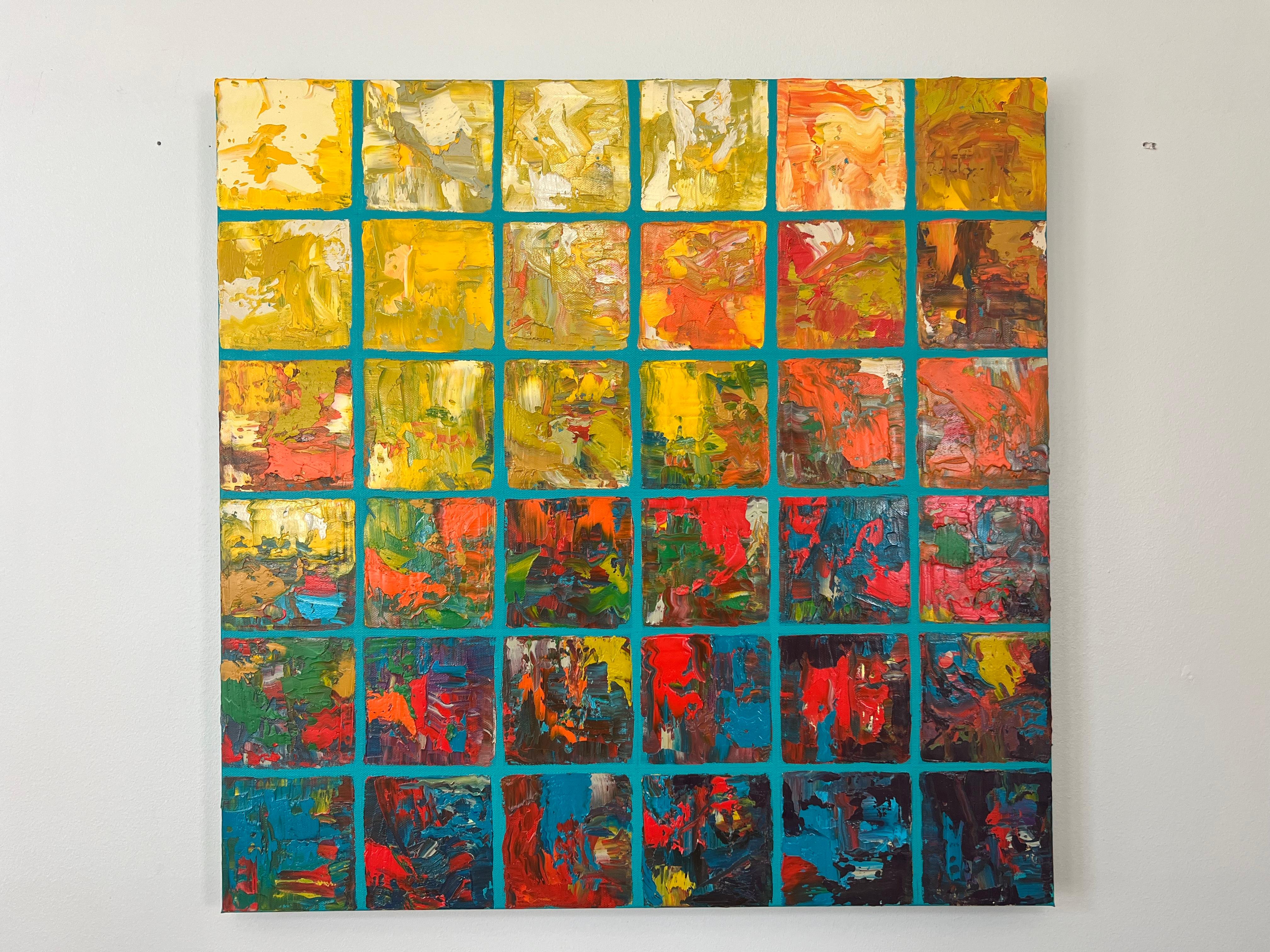 Quadrati al tramonto, pittura ad olio astratta - Painting Astratto di Janet Hamilton