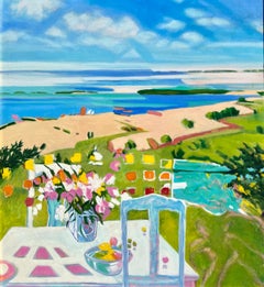 Large Plein Air Landscape Oil Painting, Peach 
Plenty, Hamptons, Janet Jennings