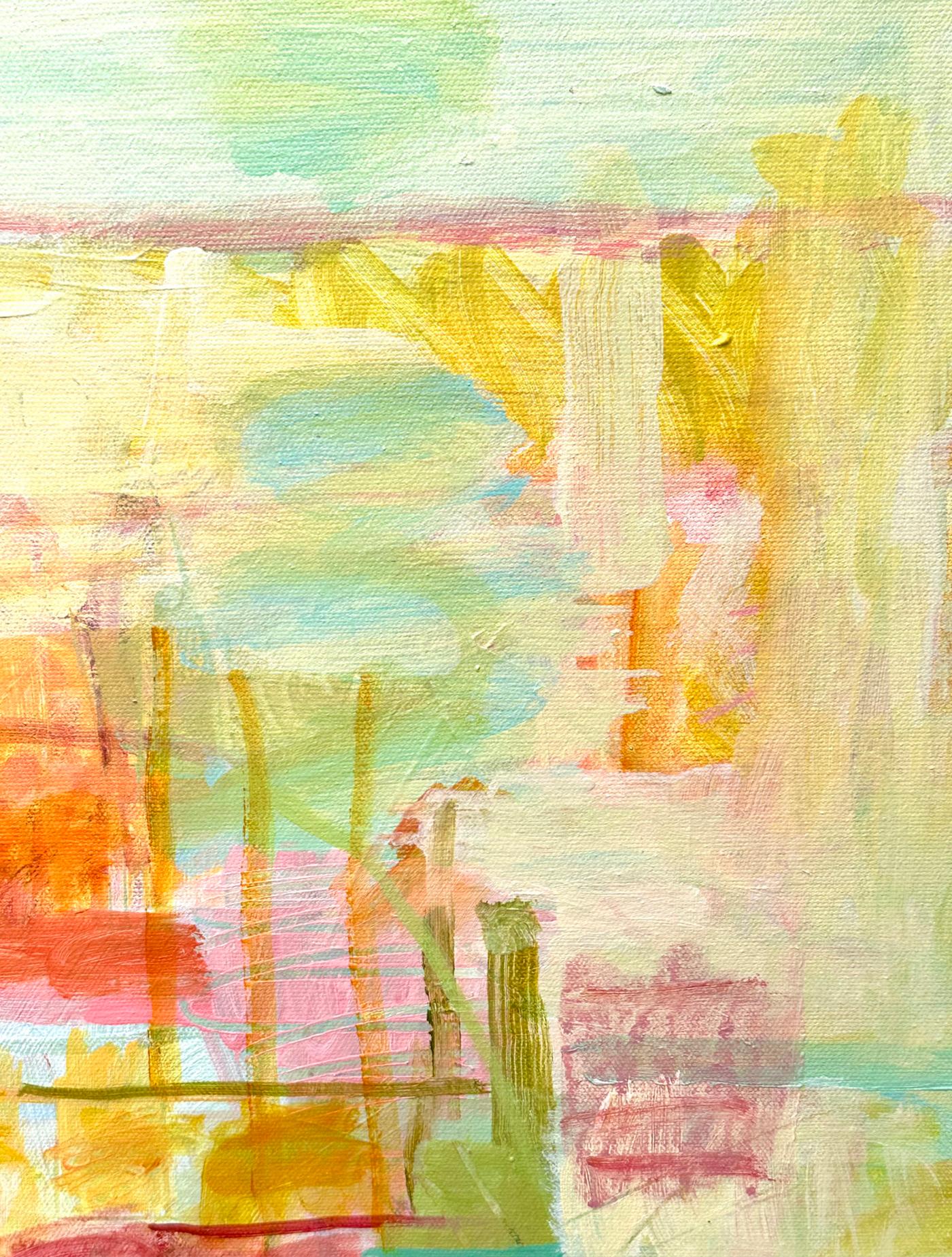 ABUNDANCE is an expressive, gestural painting evoking a feeling of energy, nature and sunshine. The painting is built up of veils of colour, scribbles and scratches.There is a variety of mark making and contrasting areas of transparent and opaque