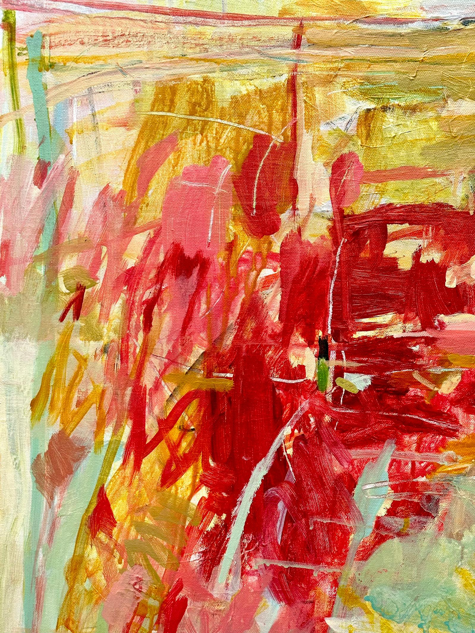 AQUAMARINE AFTERNOON is an expressive, gestural painting evoking a feeling of warmth, movement and ariness. The painting is built up of veils of colour, scribbles and scratches.There is a variety of mark making and contrasting areas of transparent