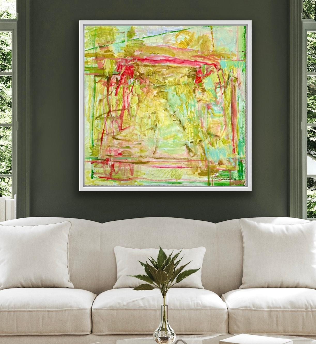 ESCAPADE IN EMERALD AND RUBY is an expressive, gestural painting evoking a feeling of warmth, movement, nature and brightness. The painting is built up of veils of colour, scribbles and scratches.There is a variety of mark making and contrasting