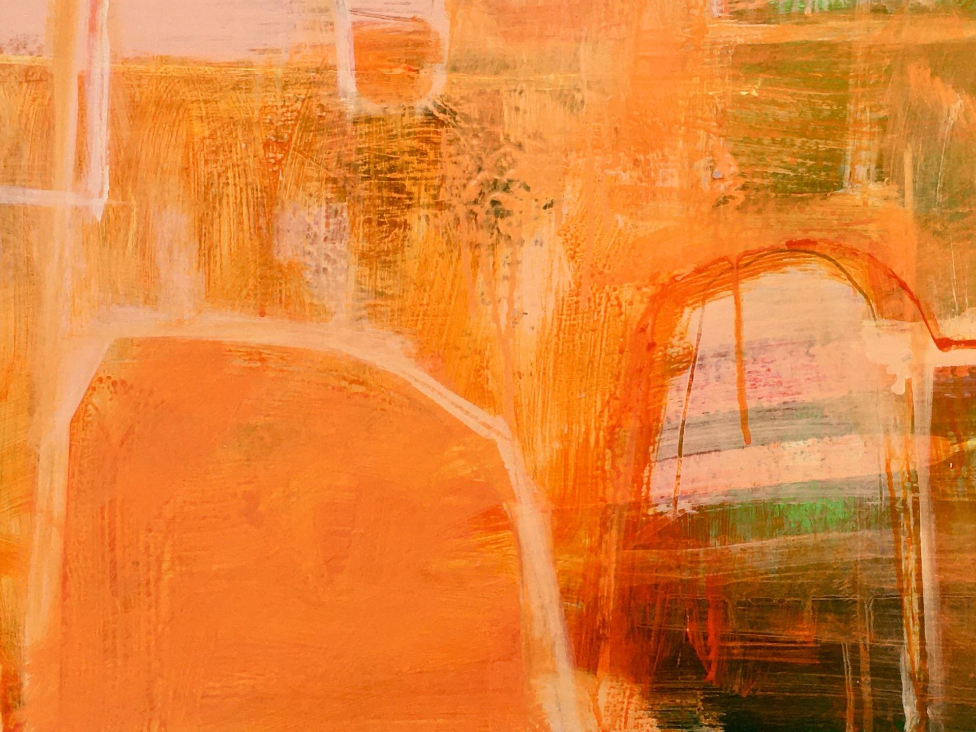 Entdecken Sie weitere Originalkunstwerke von Janet Keith bei Wychwood Art online und in unserer Galerie. Die in dem Gemälde verwendeten Farben - insbesondere das satte, leuchtende Orange und die Grüntöne - sind von Farbkombinationen in indischen