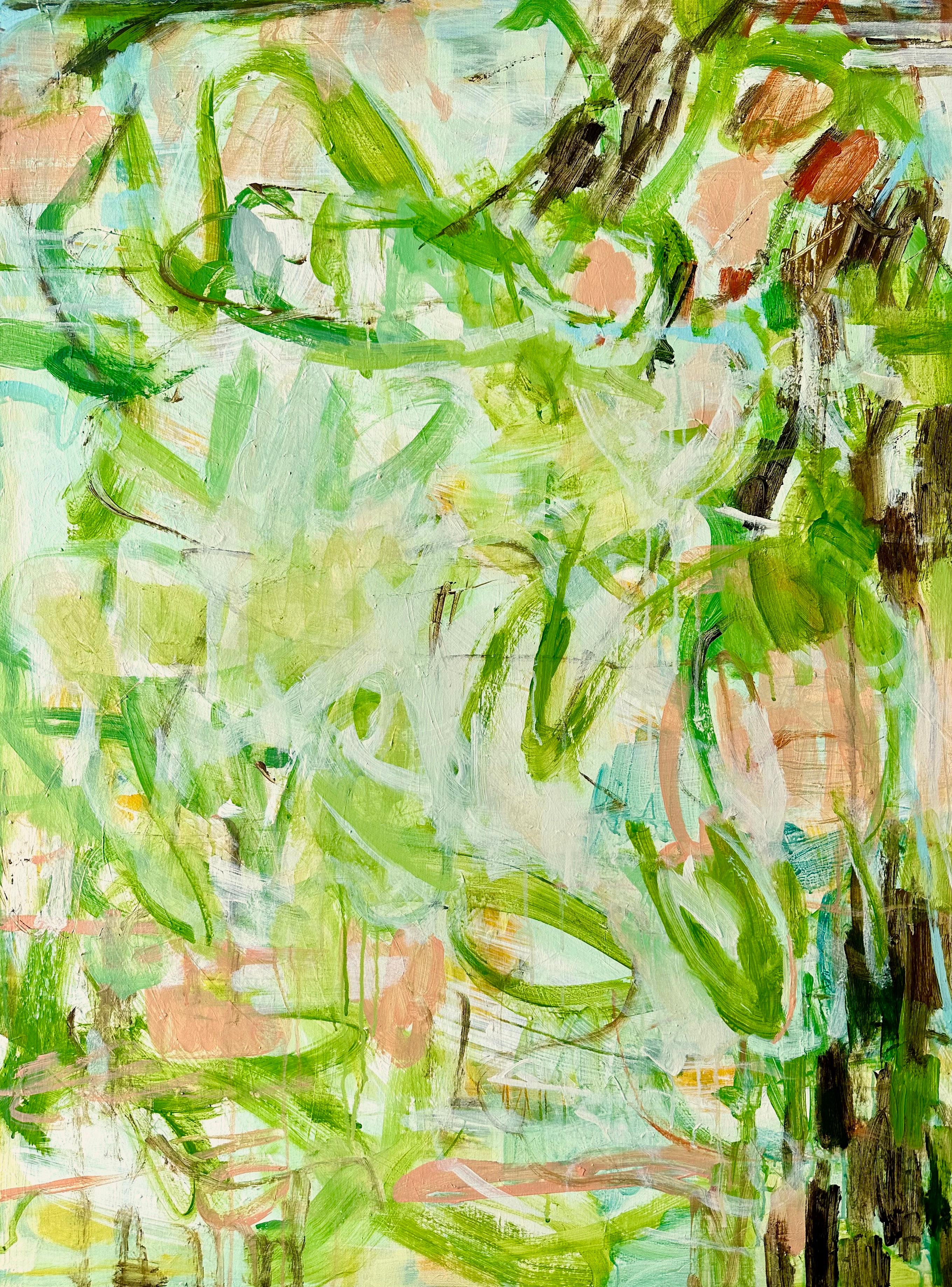   Spring Green is an original abstract painting by Janet Keith. Spring Green is an expressive, gestural painting evoking a feeling of movement, light and spring foliage unfurling. The painting is built up of veils of colour, scribbles and
