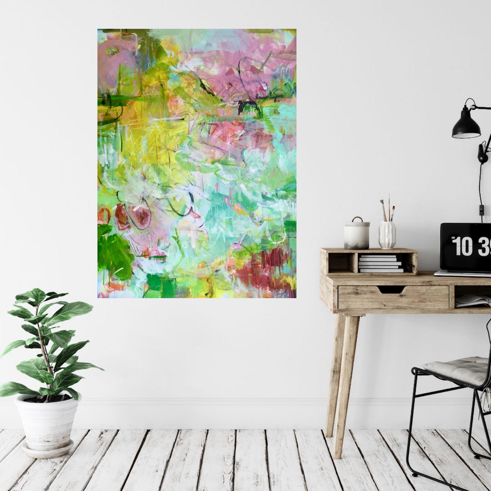 Spring Riot, abstract art, impressionism, landscape painting, original art - Beige Abstract Painting by Janet Keith