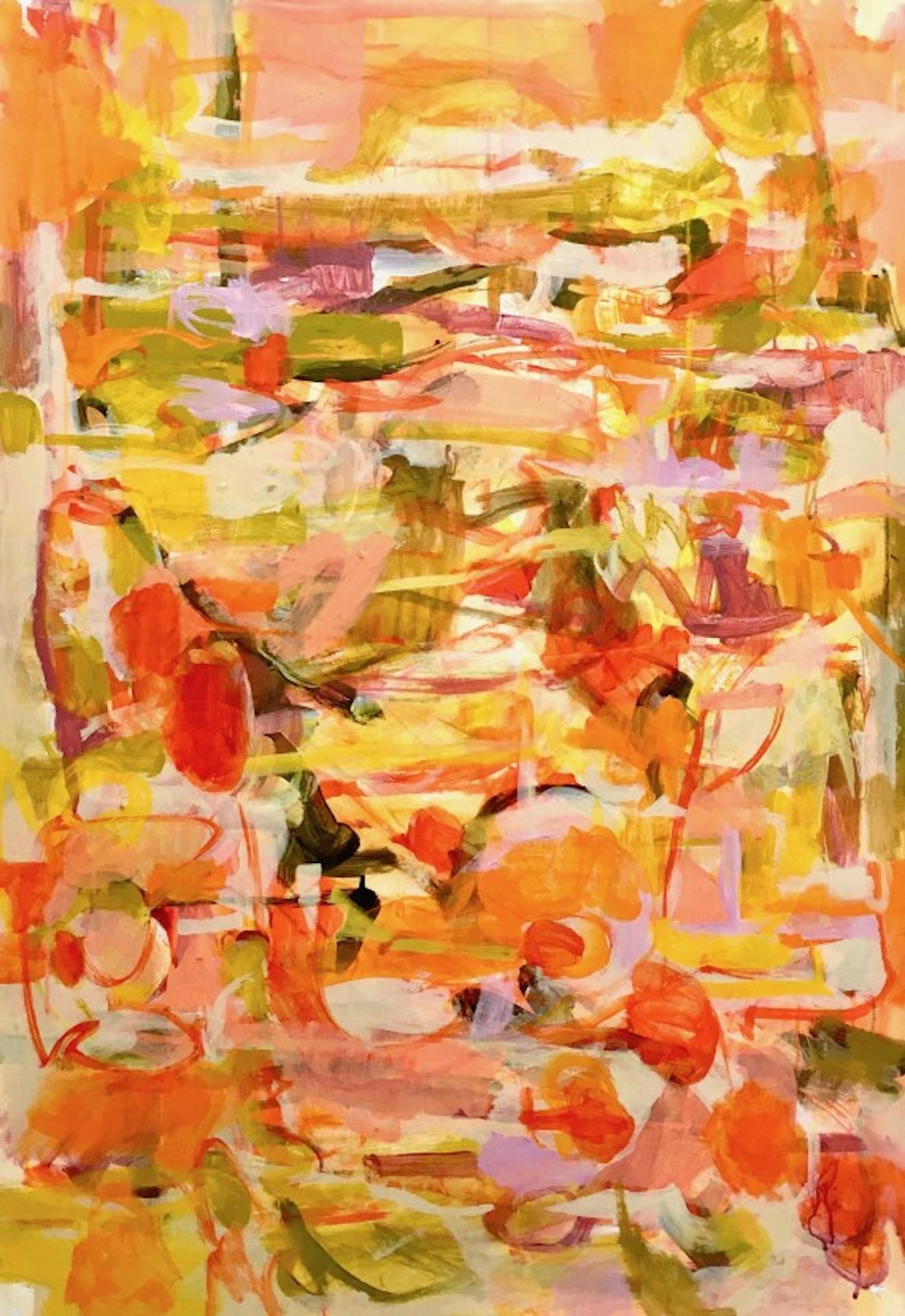 Tumbling Autumn is an original abstract painting by Janet Keith. The painting is a warm and vibrant expression in rich yellows and orange in transparent and opaque brush marks and washes. It is perhaps evocative of the warm honeyed days of early