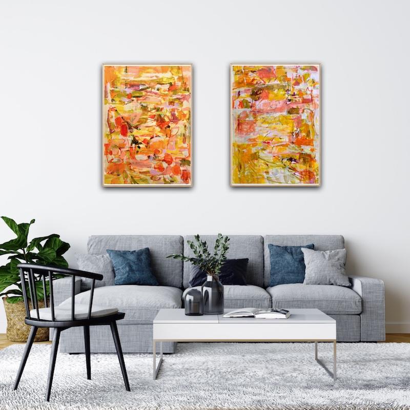 Tumbling Autumn and SUNSHINE Diptych - Painting by Janet Keith