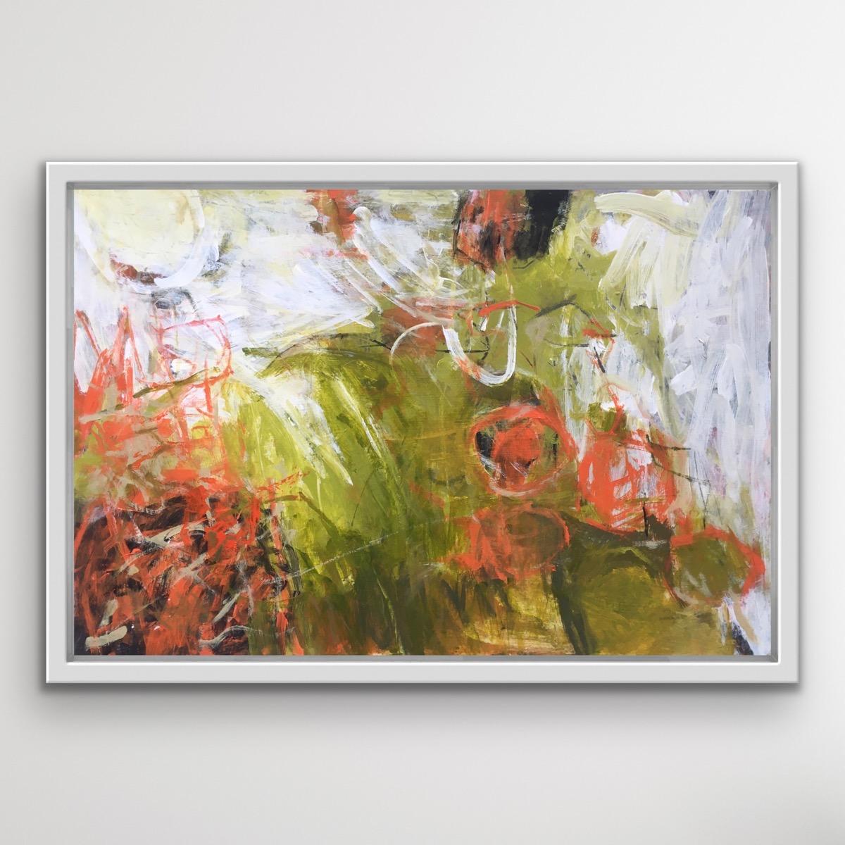 Warm Garden is an original abstract and expressionist painting by Janet Keith. The painting is bright and energetic with vigorous brush strokes and a sense of movement. The colours are predominately bright orange and earthy green. To Janet, the