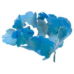 Janet Kelman Serie Seafan Firmado Vidrio de Estudio Contemporáneo Azul Azur Tazón con hojas