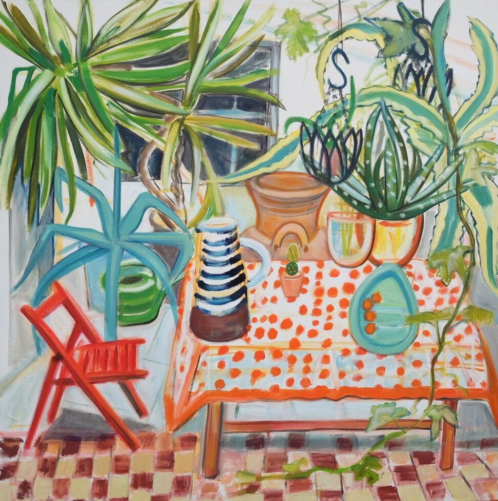 Janet Lance Hughes Still-Life Painting - Huge Conservatory Plants and Spotty Tablecloth