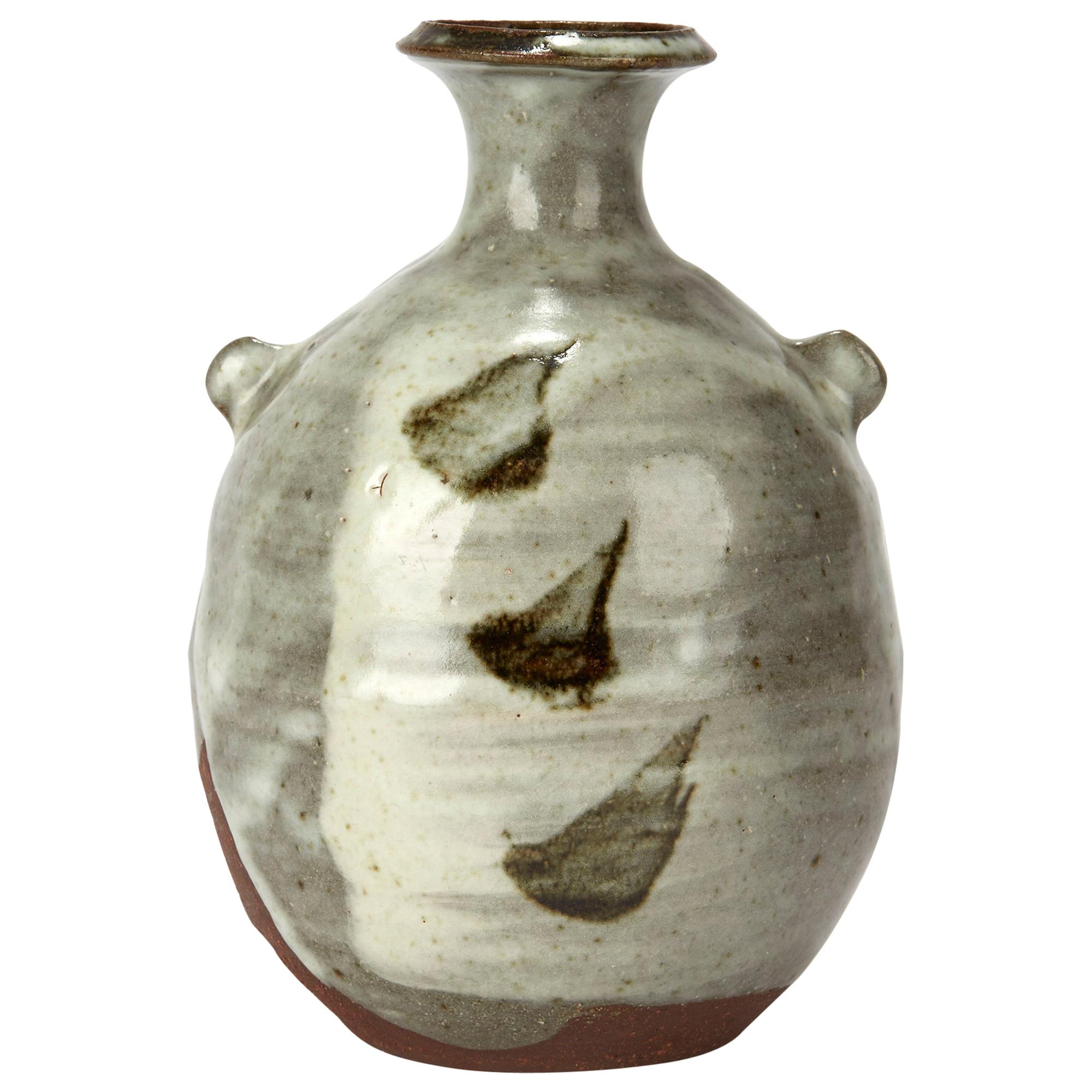 Janet Leach Grey and White Stoneware Studio Pottery Glazed Bottle Vase