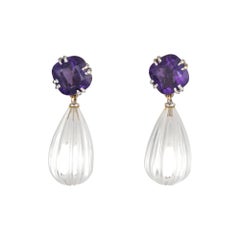 Janet Mavec Earrings Amethyst Fluted Rock Crystal 18 Karat Gold Estate Jewelry