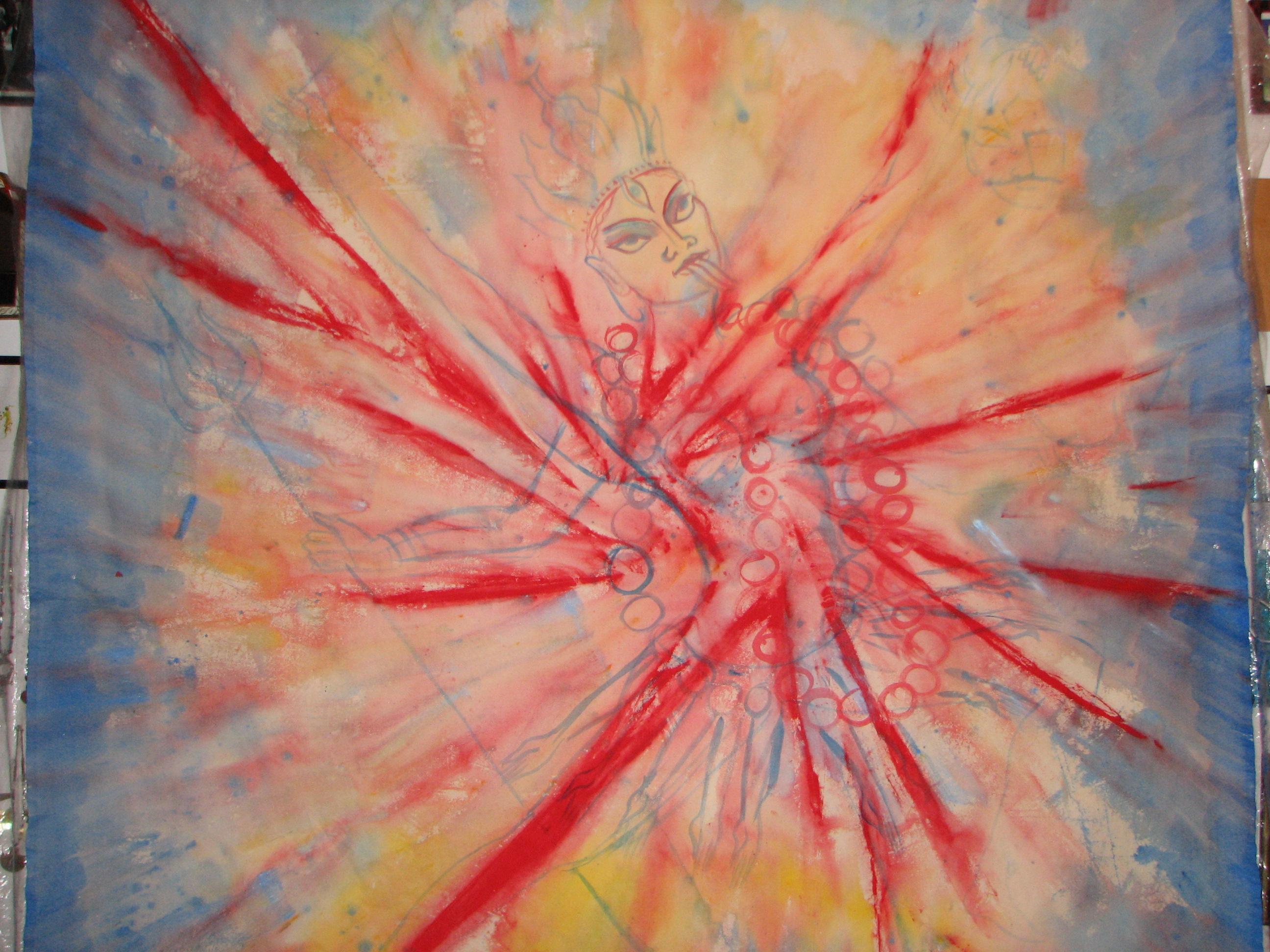 Kali, colorida, atrevida, espiritual, influencia de las Indias Orientales, fuego, diosa - Figurative Painting Marrón de Janet Morgan