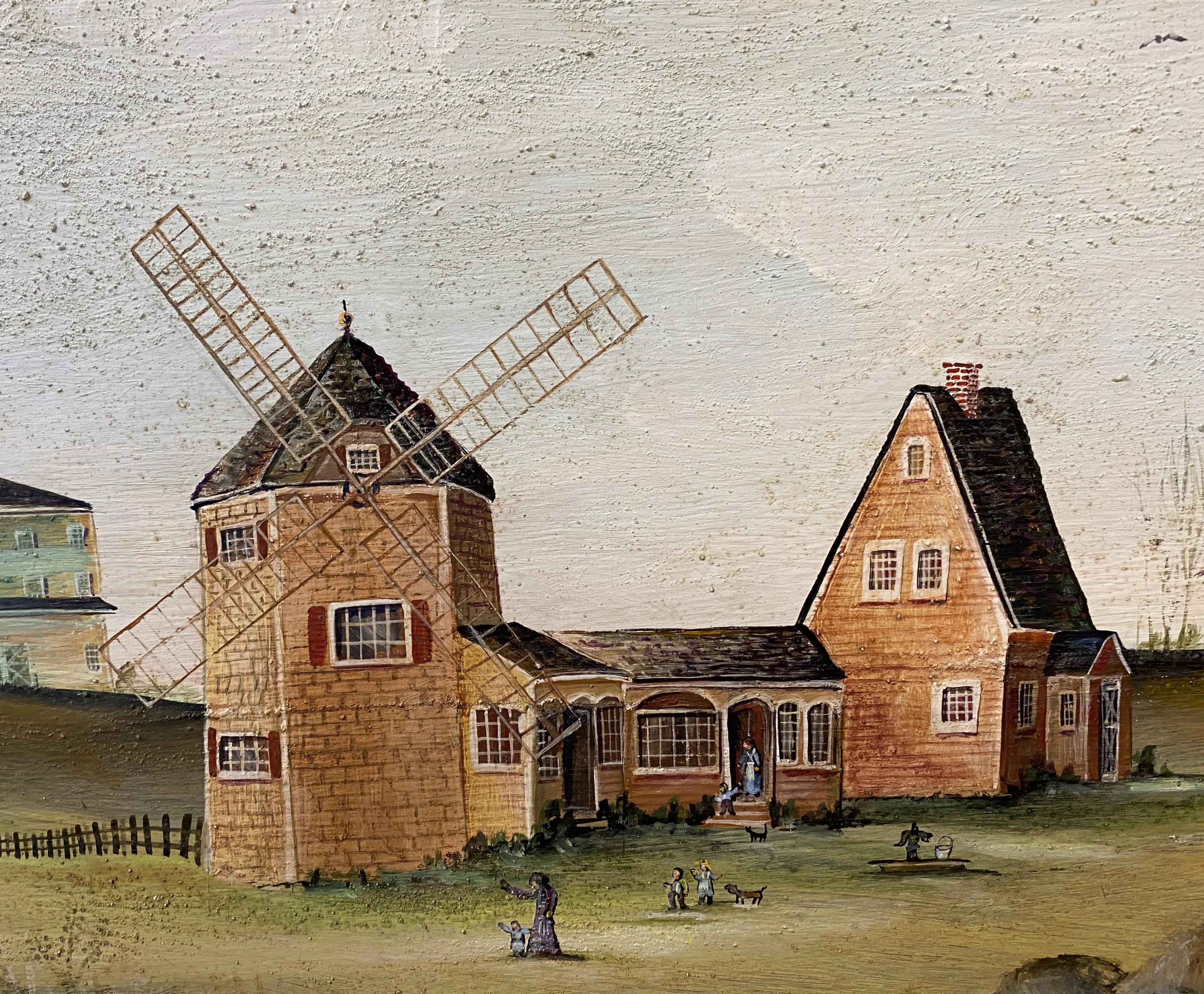 A fine naive landscape painting with a windmill by American artist Janet Munro (b. 1949). Munro was born in Woburn, MA, and her work focuses on the waterfront lives of everyday people - her favorite subjects are her native Massachusetts, New
