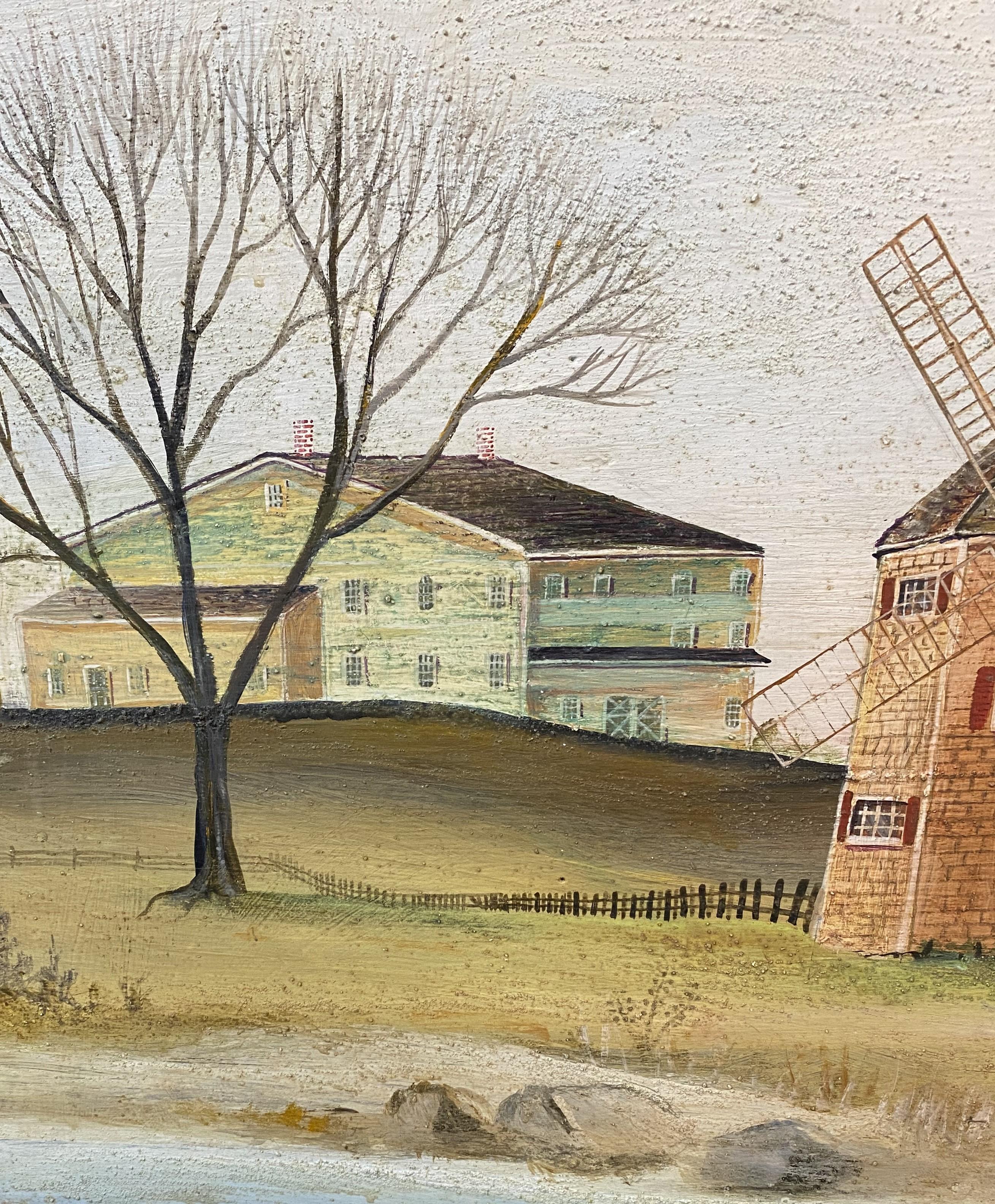 A fine naive landscape painting with a windmill by American artist Janet Munro (b. 1949). Munro was born in Woburn, MA, and her work focuses on the waterfront lives of everyday people - her favorite subjects are her native Massachusetts, New