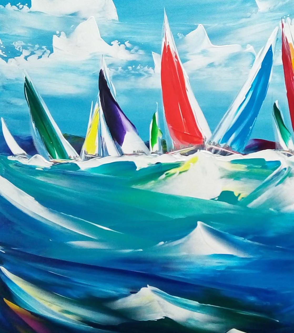 Original - Acrylique sur toile

Paysage marin contemporain coloré mettant en scène les ventes de bateaux dans le vent, parfait pour ajouter une touche de couleur à tout espace.

Cette pièce est magnifiquement encadrée dans un large cadre en bois