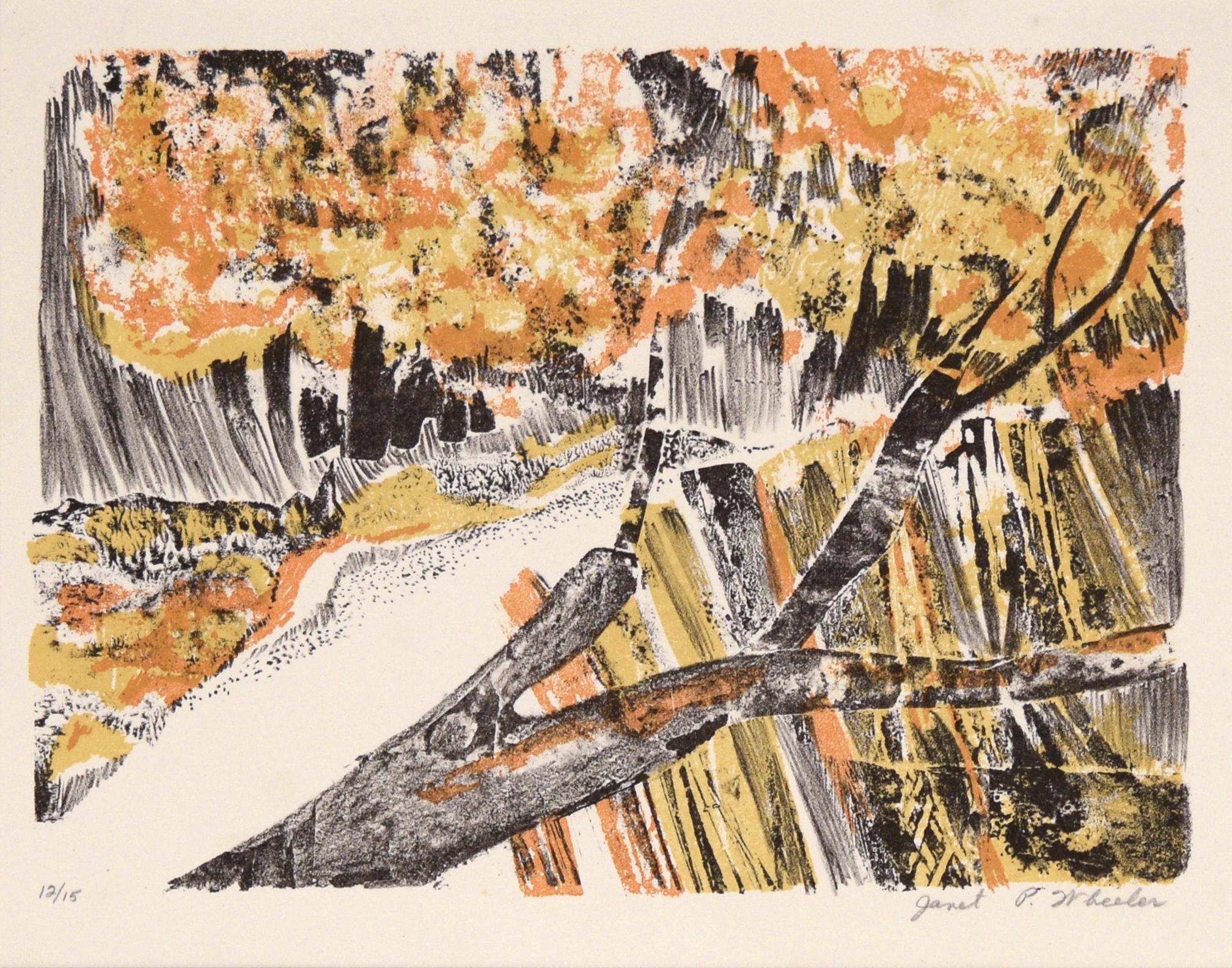 Autumn Trees Close Up - Woodblock Print on Paper #12/15 - Brown Abstract Print by Janet P Wheeler