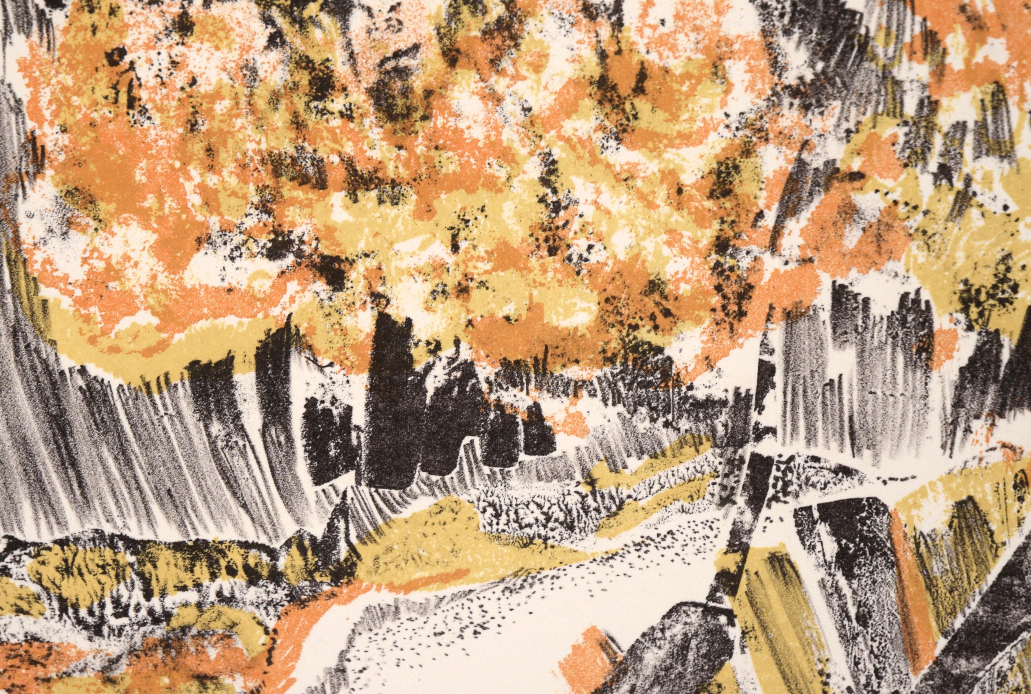 Autumn Trees Close Up - Woodblock Print on Paper #12/15

Abstracted landscape detail woodblock by Janet Wheeler (American, 1922-2001). This piece shows abstracted details of trees in autumn. There are branches cutting across the scene, which is full