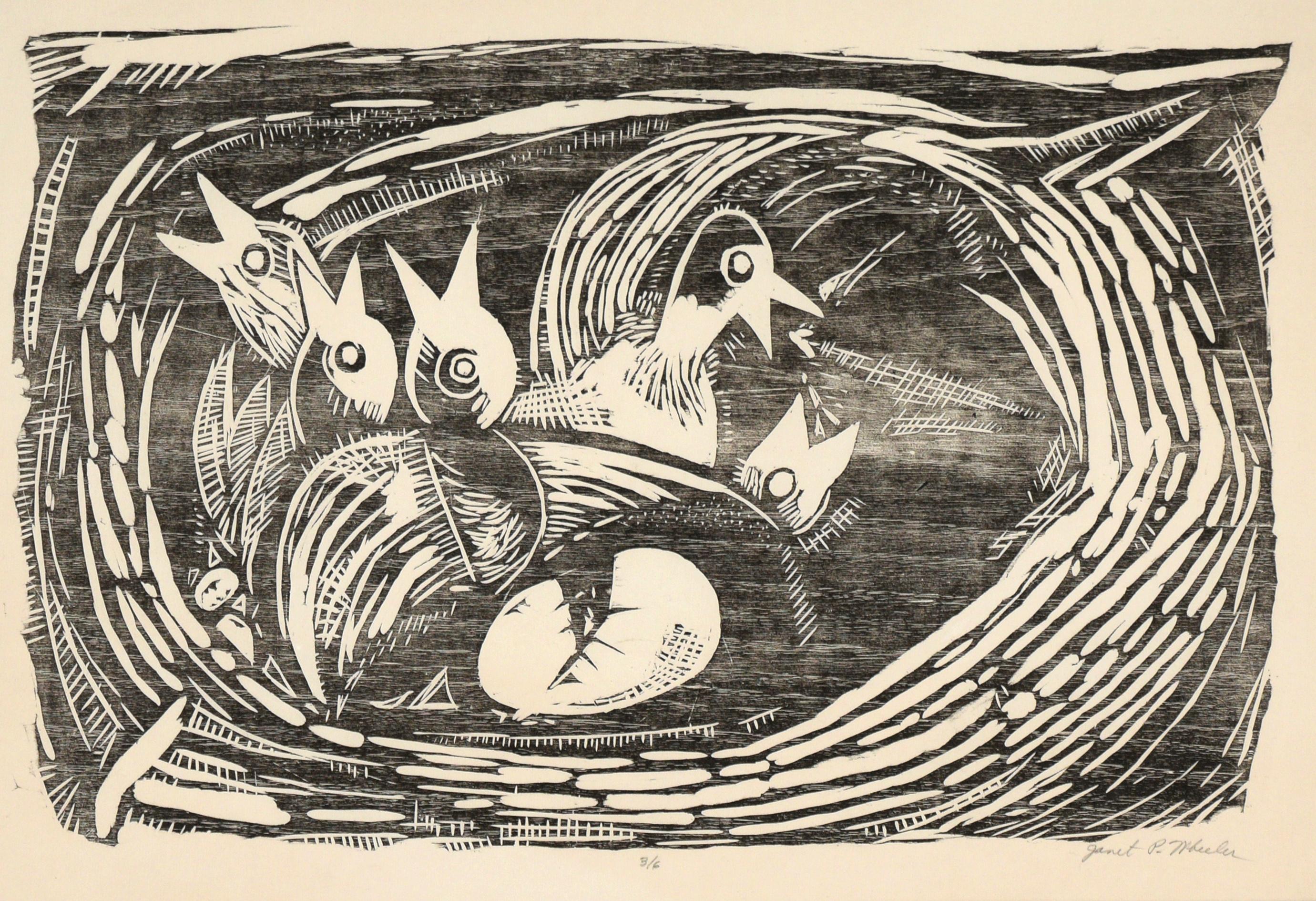 Birds in a Nest - Woodblock Print on Paper #3/6 - Gray Animal Print by Janet P Wheeler