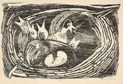 Birds in a Nest - Woodblock Print on Paper #3/6
