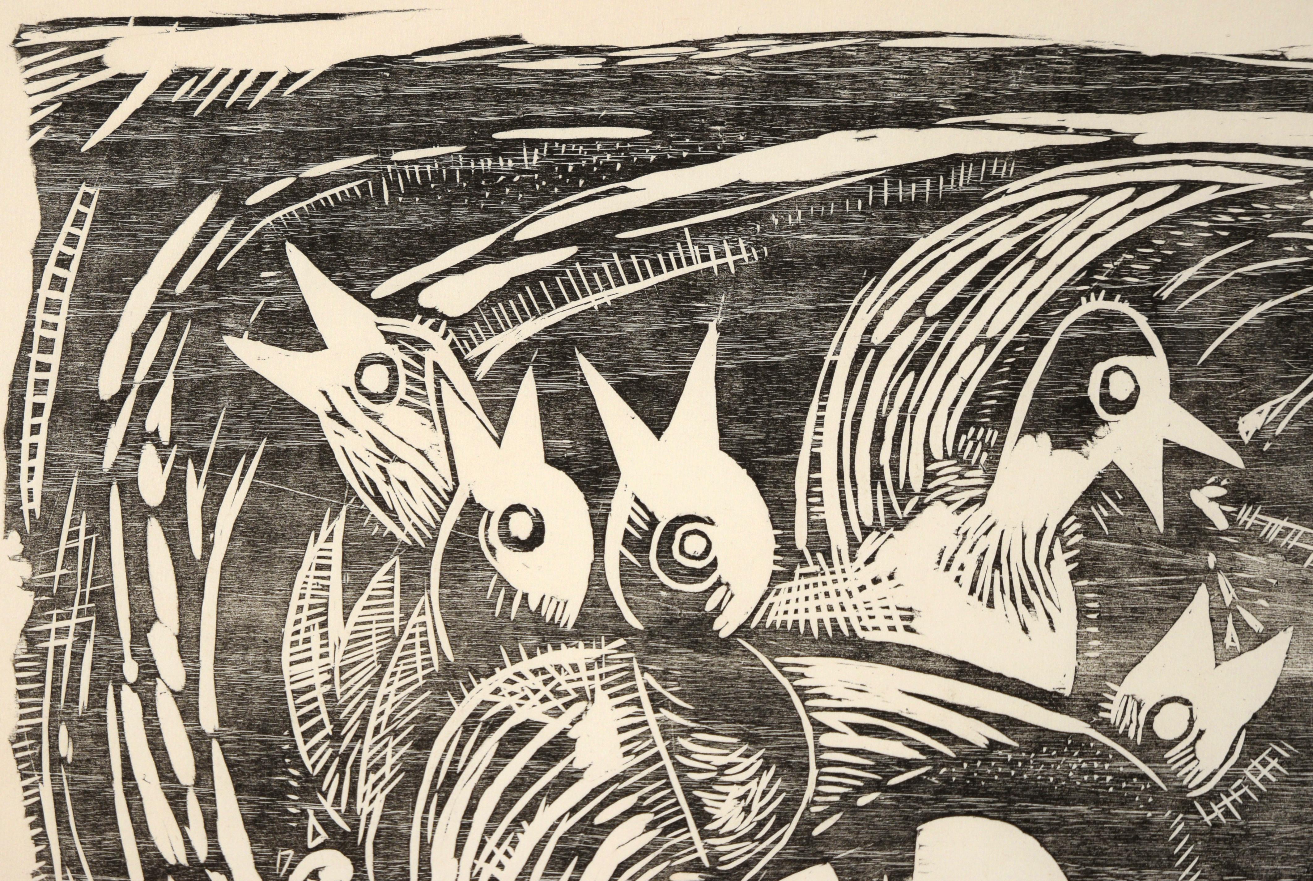 Birds in a Nest - Woodblock Print on Paper #3/6

Black and white woodblock by Janet Wheeler (American, 1922-2001). Four birds are shown in a nest, along with a cracked eggshell. The birds and the nest are depicted in a bold, stylized manner, with