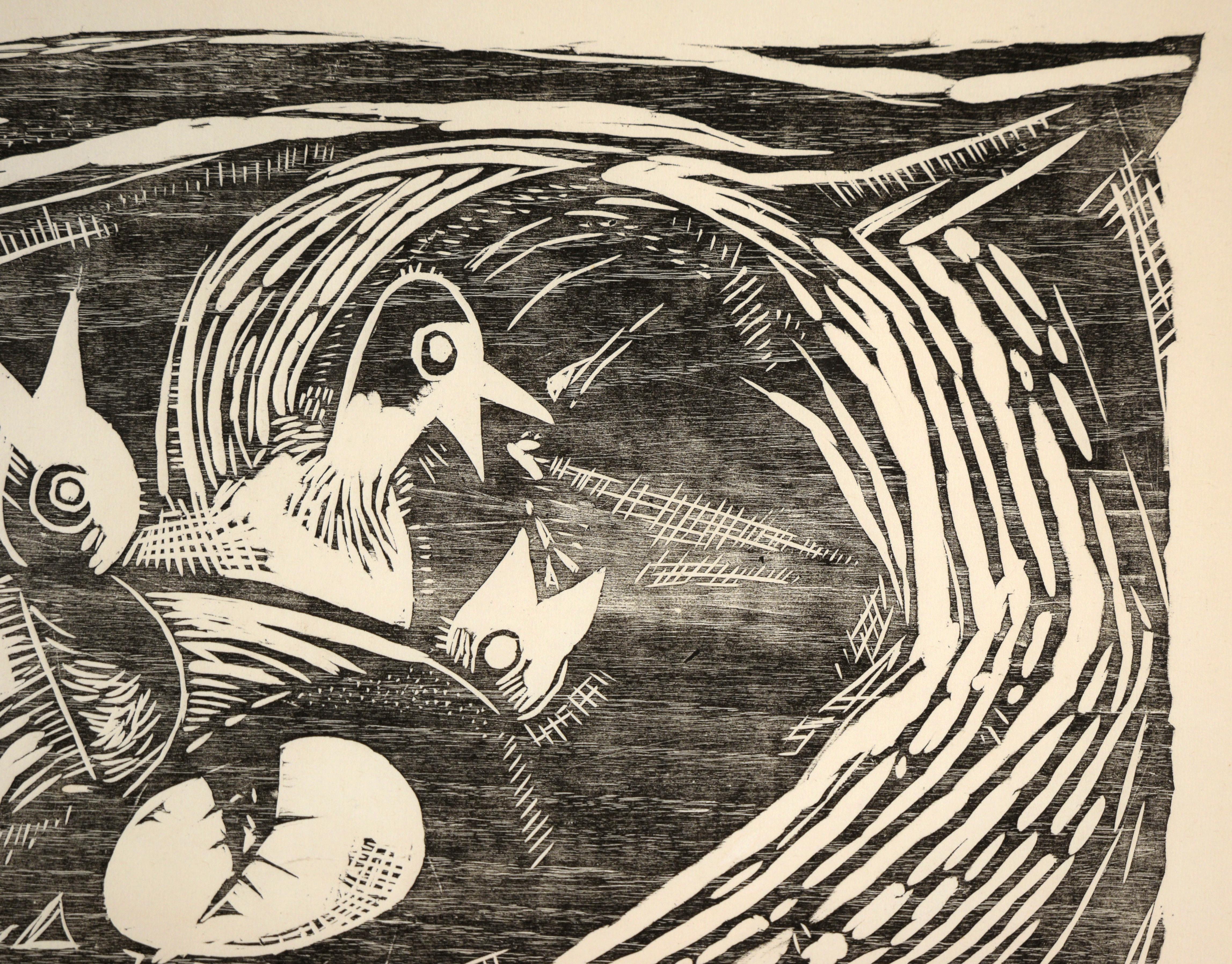 Birds in a Nest - Woodblock Print on Paper #3/6 For Sale 1